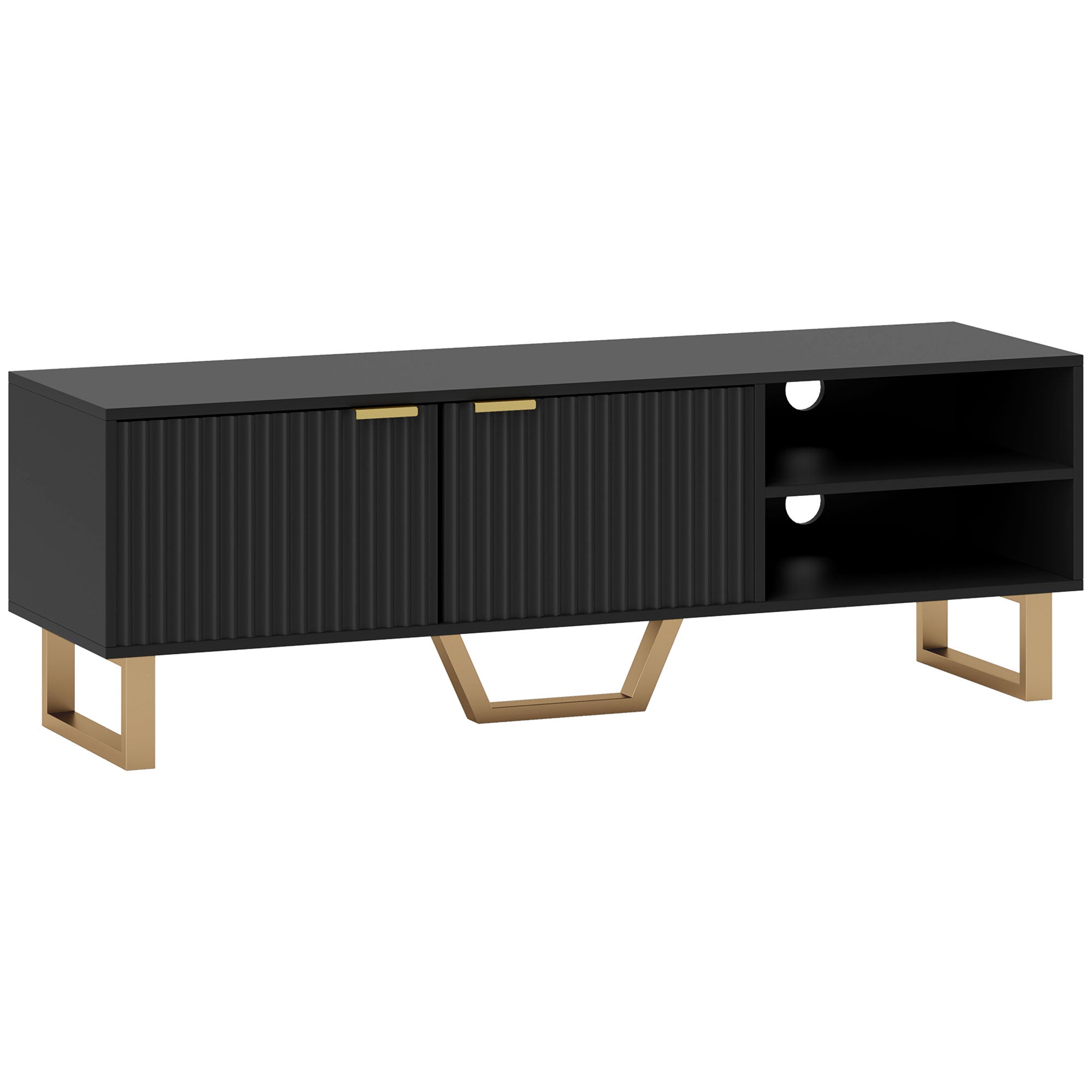 Meuble TV meuble télé bois banc TV pour téléviseur jusqu'à 70 pouces avec placard à 2 portes cannelées, compartiment ouvert et passe-câbles, pour salon chambre à coucher, 140 x 39 x 47 cm, noir