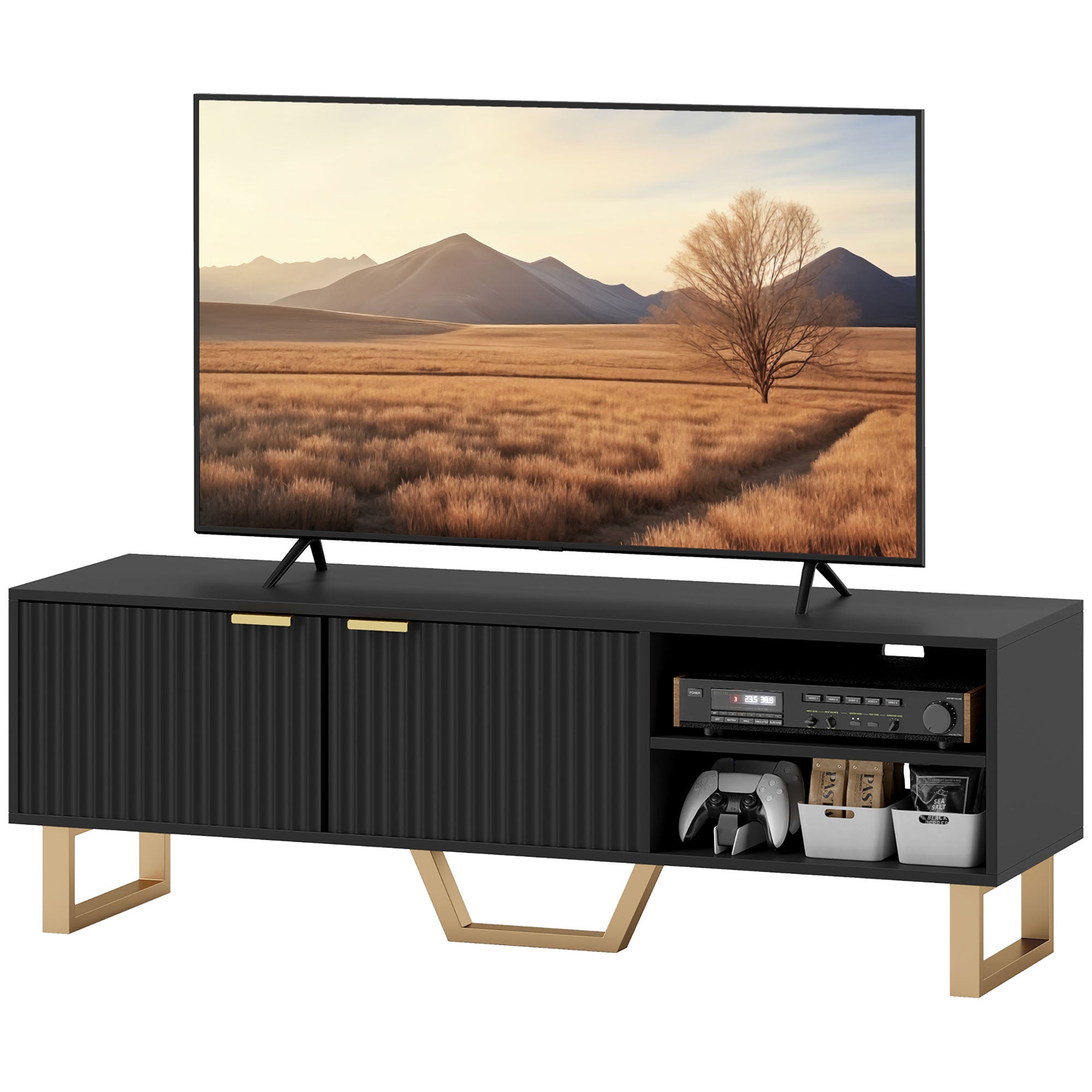 Meuble TV meuble télé bois banc TV pour téléviseur jusqu'à 70 pouces avec placard à 2 portes cannelées, compartiment ouvert et passe-câbles, pour salon chambre à coucher, 140 x 39 x 47 cm, noir