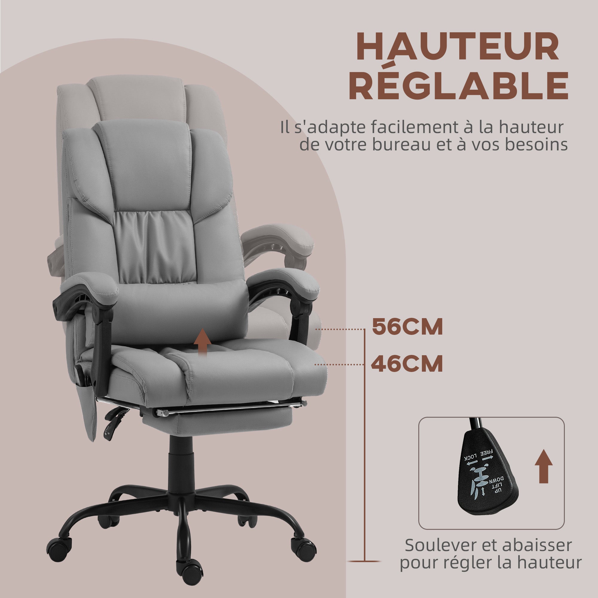 Fauteuil de bureau massant avec repose-pieds, chaise de bureau, chaise ergonomique, hauteur réglable, dossier inclinable et télécommande filaire, tissu en revêtement synthétique gris