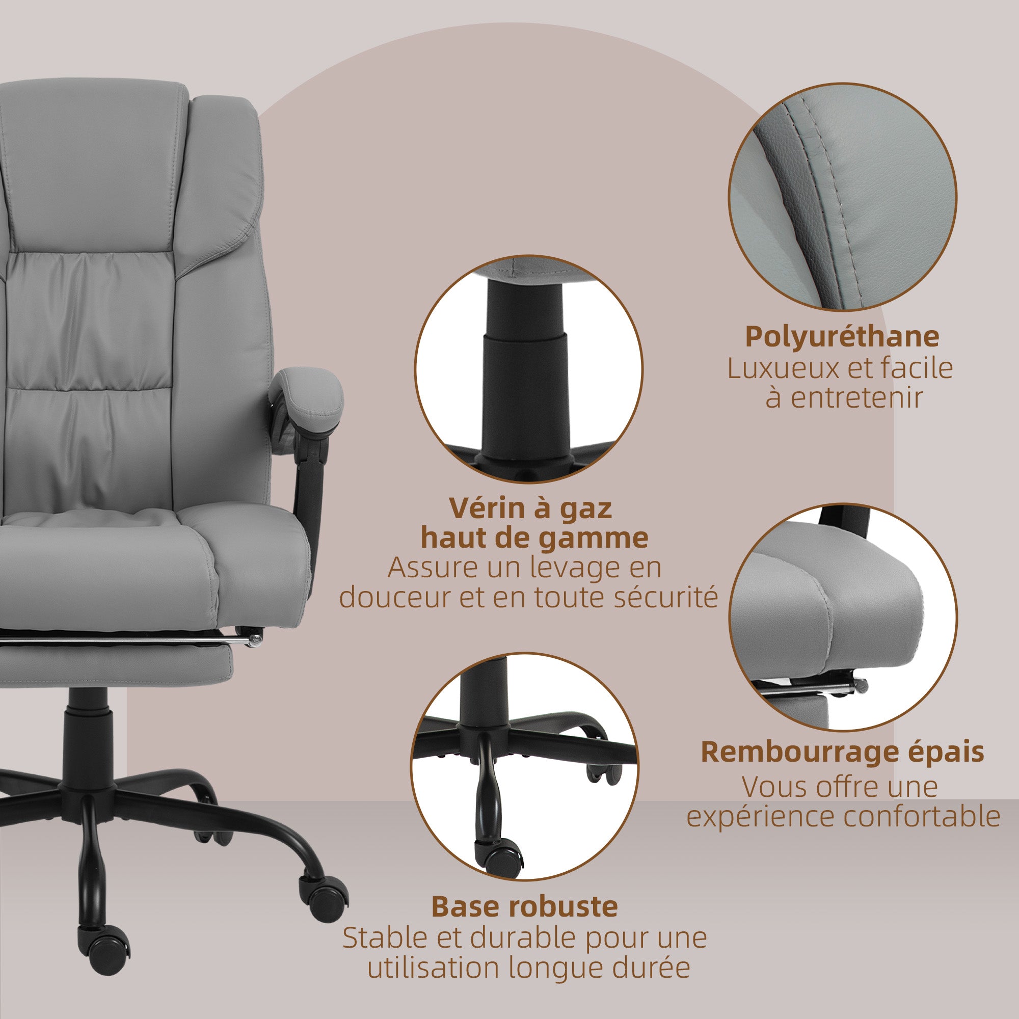 Fauteuil de bureau massant avec repose-pieds, chaise de bureau, chaise ergonomique, hauteur réglable, dossier inclinable et télécommande filaire, tissu en revêtement synthétique gris