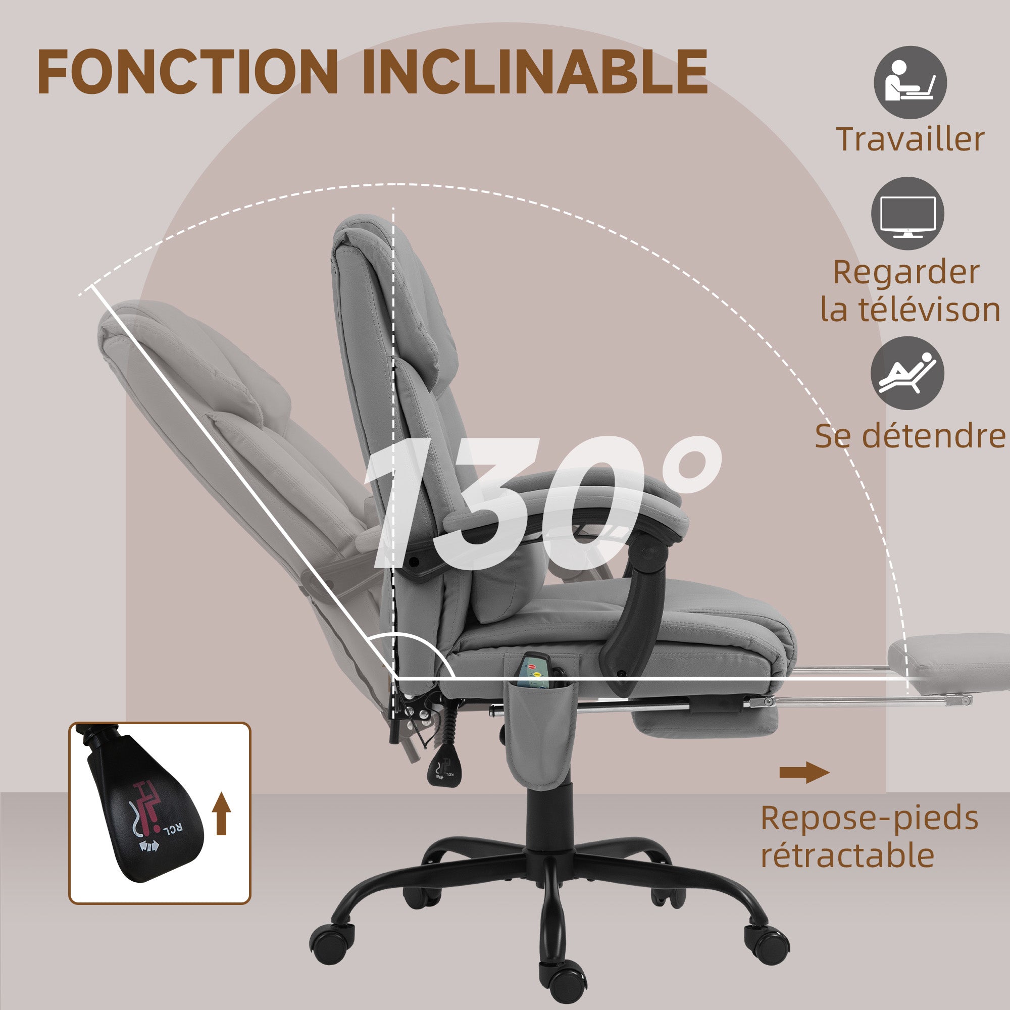 Fauteuil de bureau massant avec repose-pieds, chaise de bureau, chaise ergonomique, hauteur réglable, dossier inclinable et télécommande filaire, tissu en revêtement synthétique gris