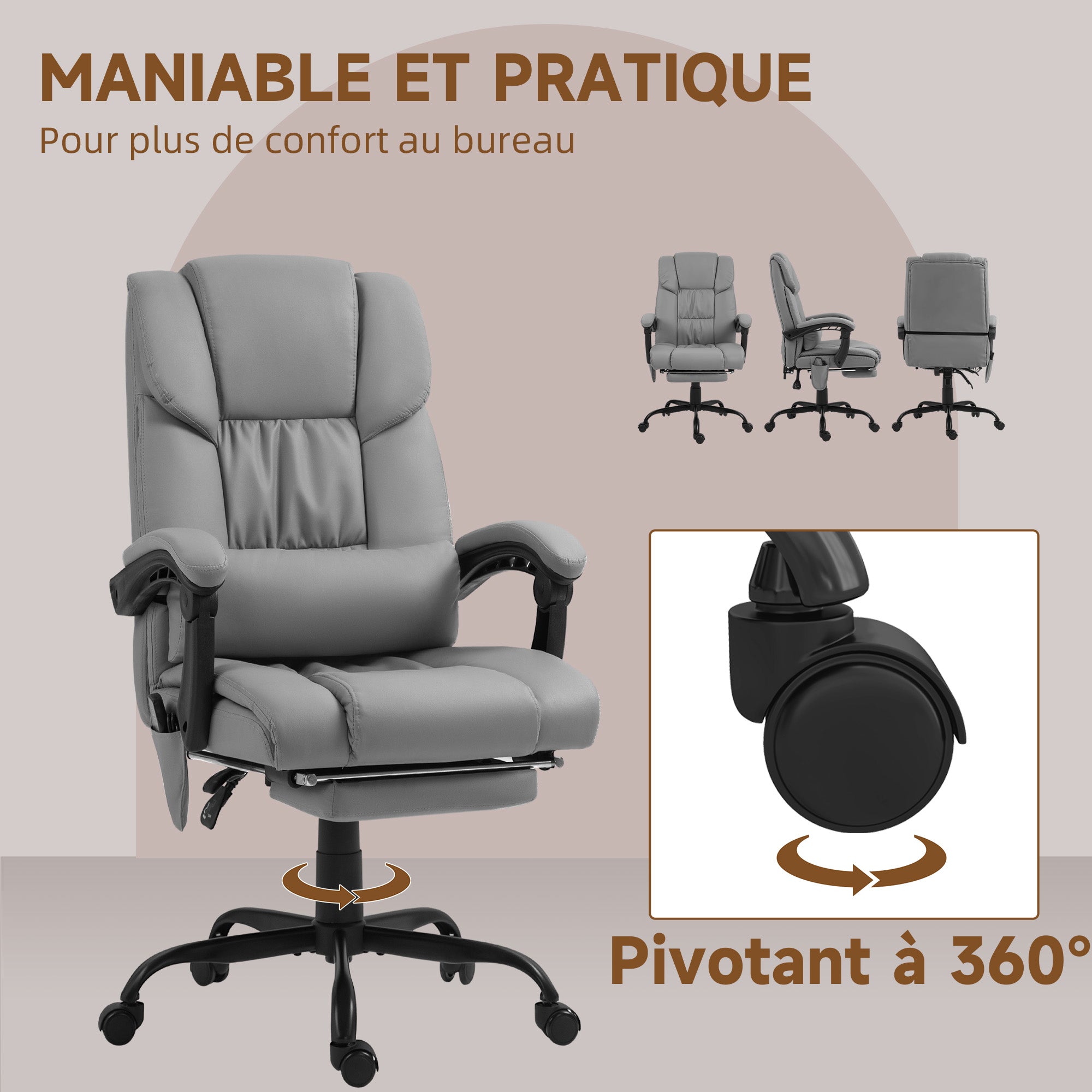 Fauteuil de bureau massant avec repose-pieds, chaise de bureau, chaise ergonomique, hauteur réglable, dossier inclinable et télécommande filaire, tissu en revêtement synthétique gris