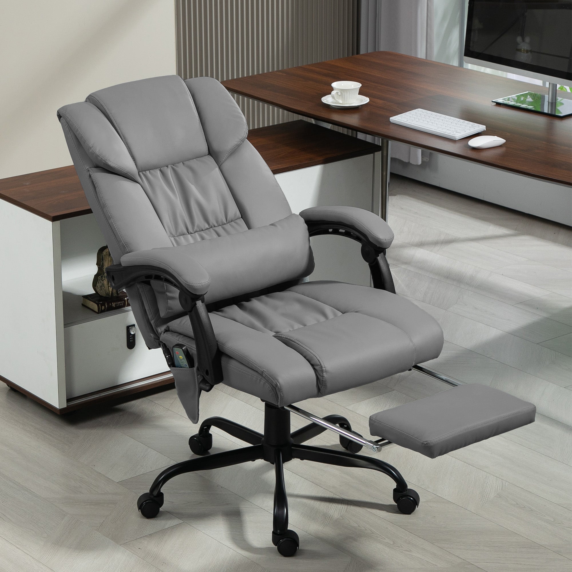 Fauteuil de bureau massant avec repose-pieds, chaise de bureau, chaise ergonomique, hauteur réglable, dossier inclinable et télécommande filaire, tissu en revêtement synthétique gris