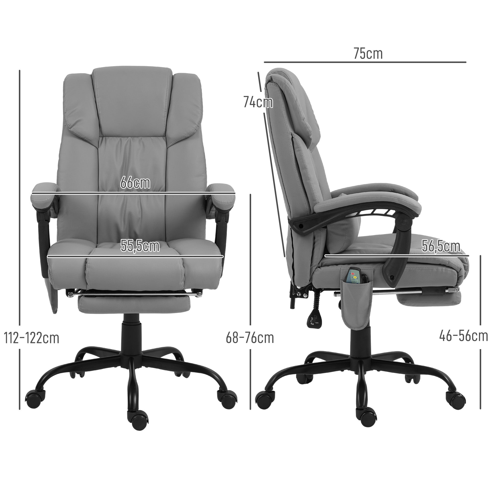 Fauteuil de bureau massant avec repose-pieds, chaise de bureau, chaise ergonomique, hauteur réglable, dossier inclinable et télécommande filaire, tissu en revêtement synthétique gris