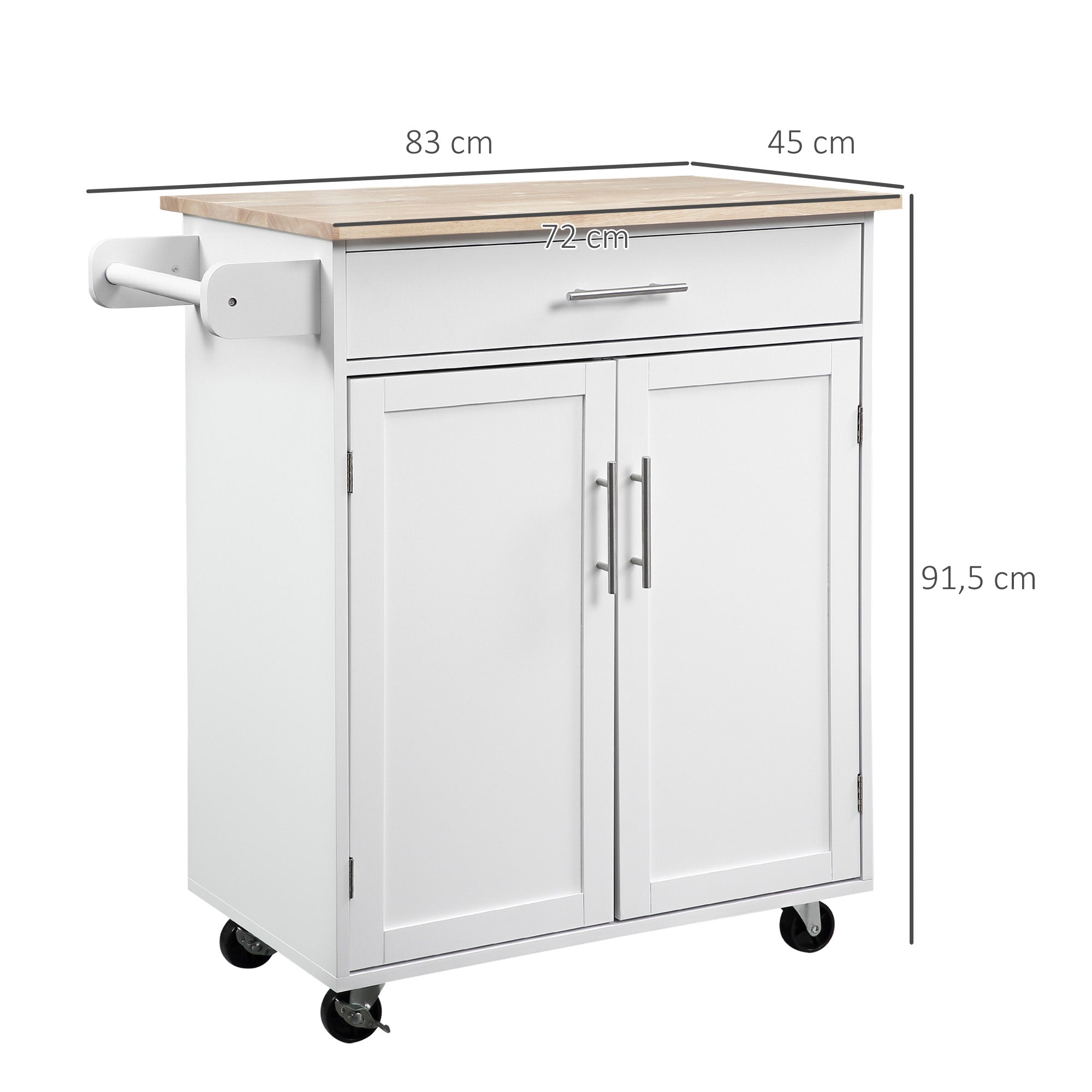 Desserte de cuisine sur roulettes chariot de service Ilot de cuisine avec tiroir de placard et porte-torchons - 83l x 45P x 91,5H cm blanc