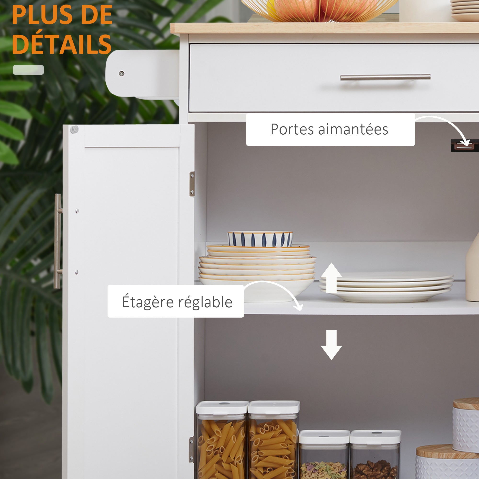 Desserte de cuisine sur roulettes chariot de service Ilot de cuisine avec tiroir de placard et porte-torchons - 83l x 45P x 91,5H cm blanc