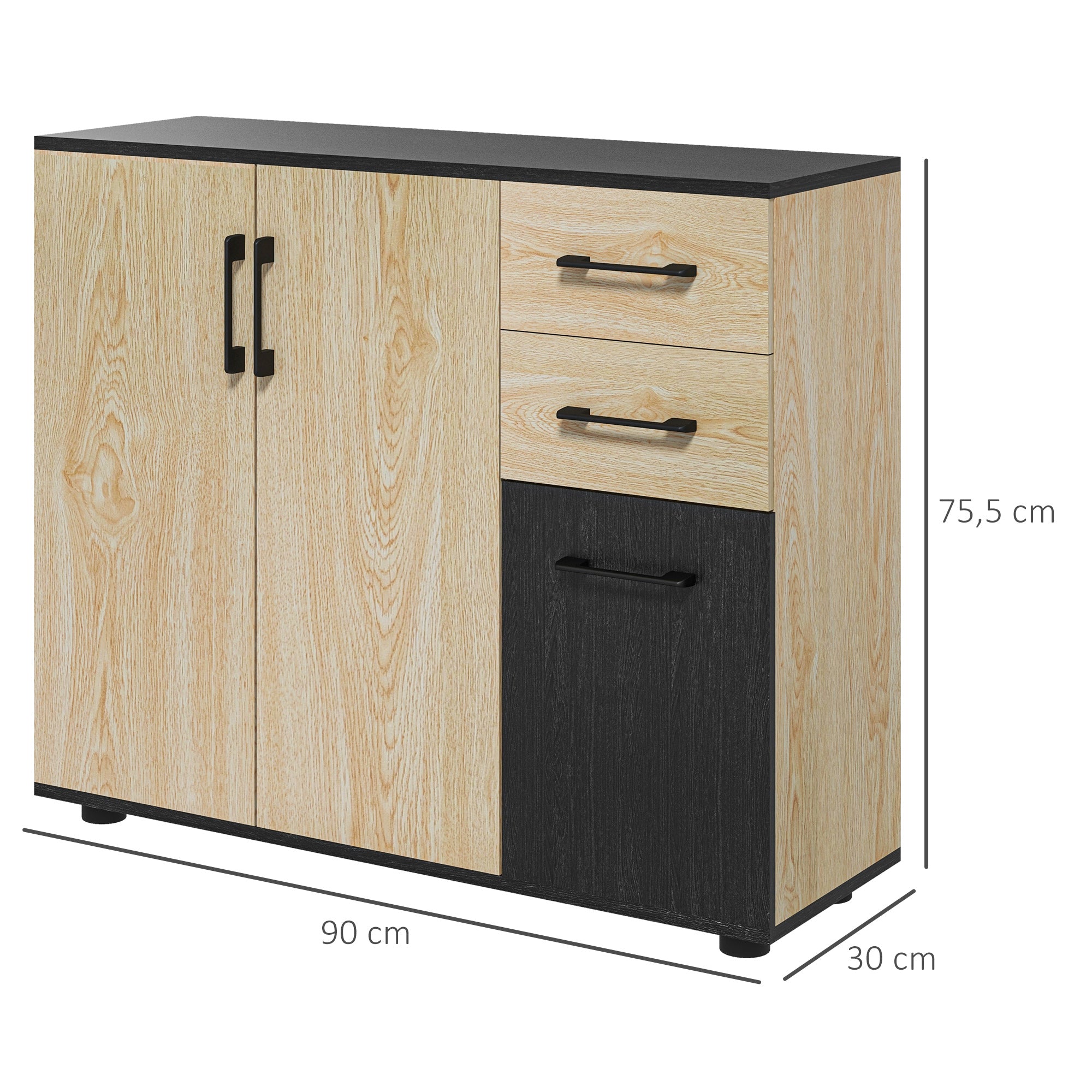 Buffet salon, meuble de rangement avec 3 portes, 2 tiroirs et étagère réglable, style moderne, buffet salle à manger, cuisine et salon, 90 x 30 x 75,5 cm, noir et bois naturel