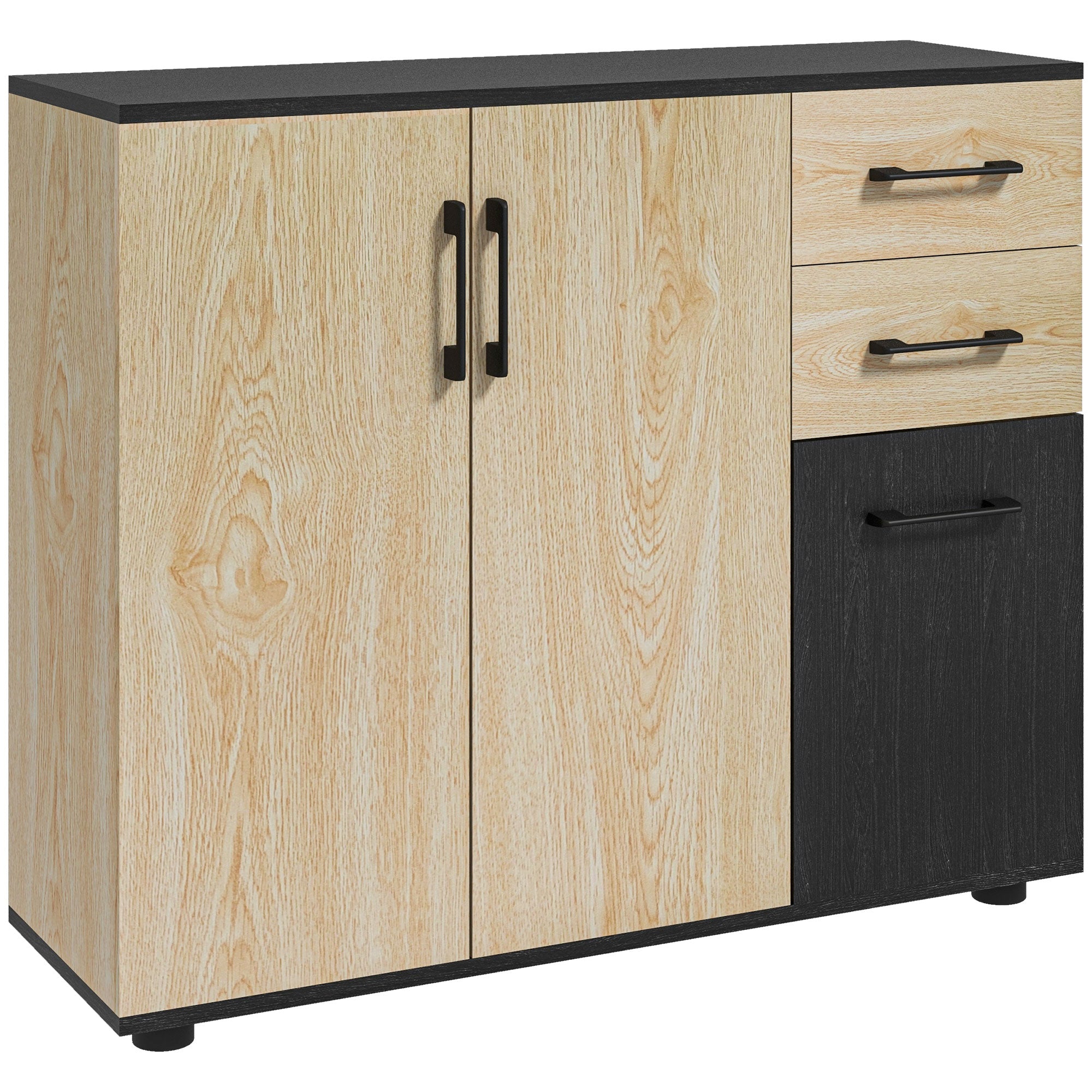 Buffet salon, meuble de rangement avec 3 portes, 2 tiroirs et étagère réglable, style moderne, buffet salle à manger, cuisine et salon, 90 x 30 x 75,5 cm, noir et bois naturel