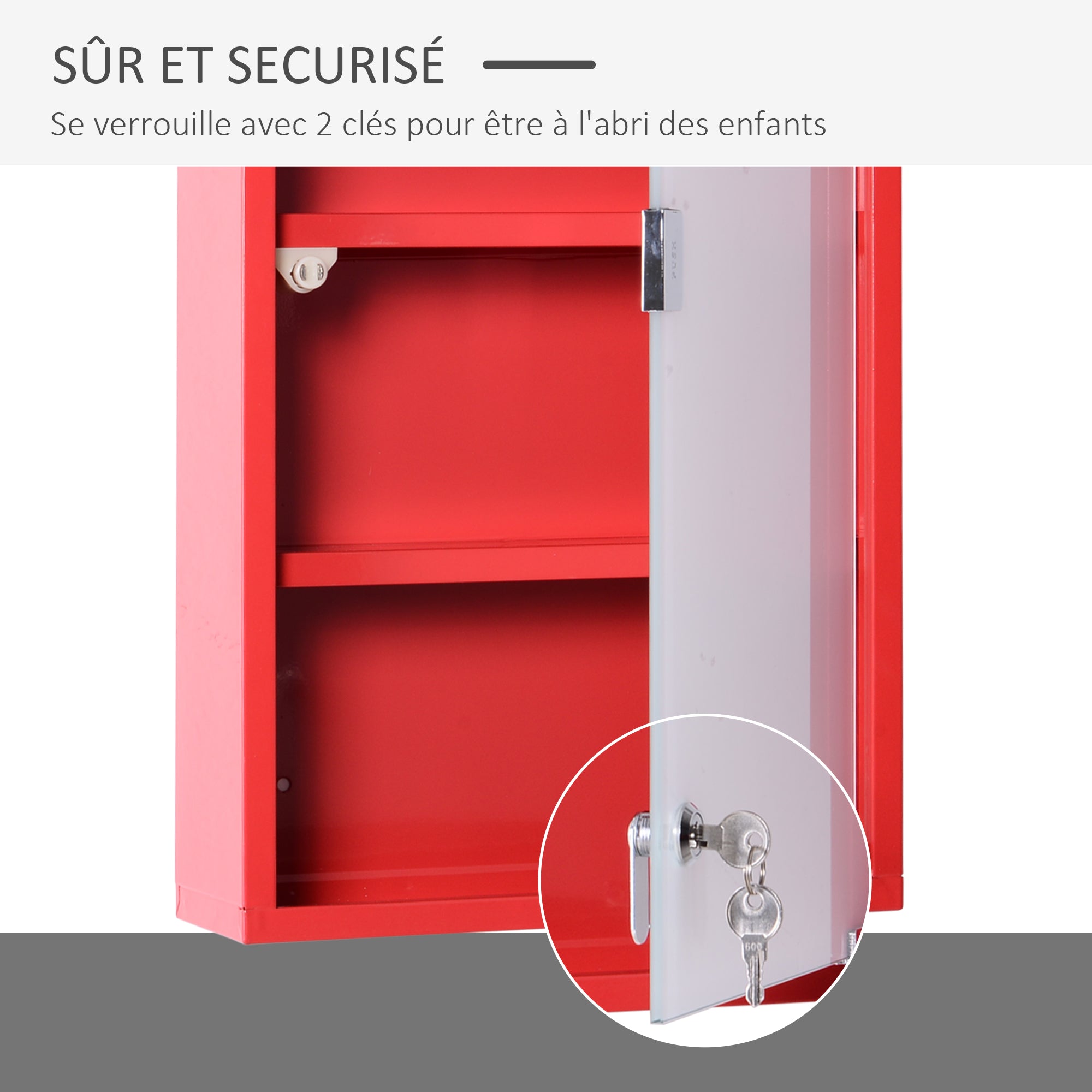 Armoire à Pharmacie 3 étagères 4 Niveaux verrouillable Porte Verre trempé dépoli Logo Croix 30L x 12l x 60H cm Acier Rouge