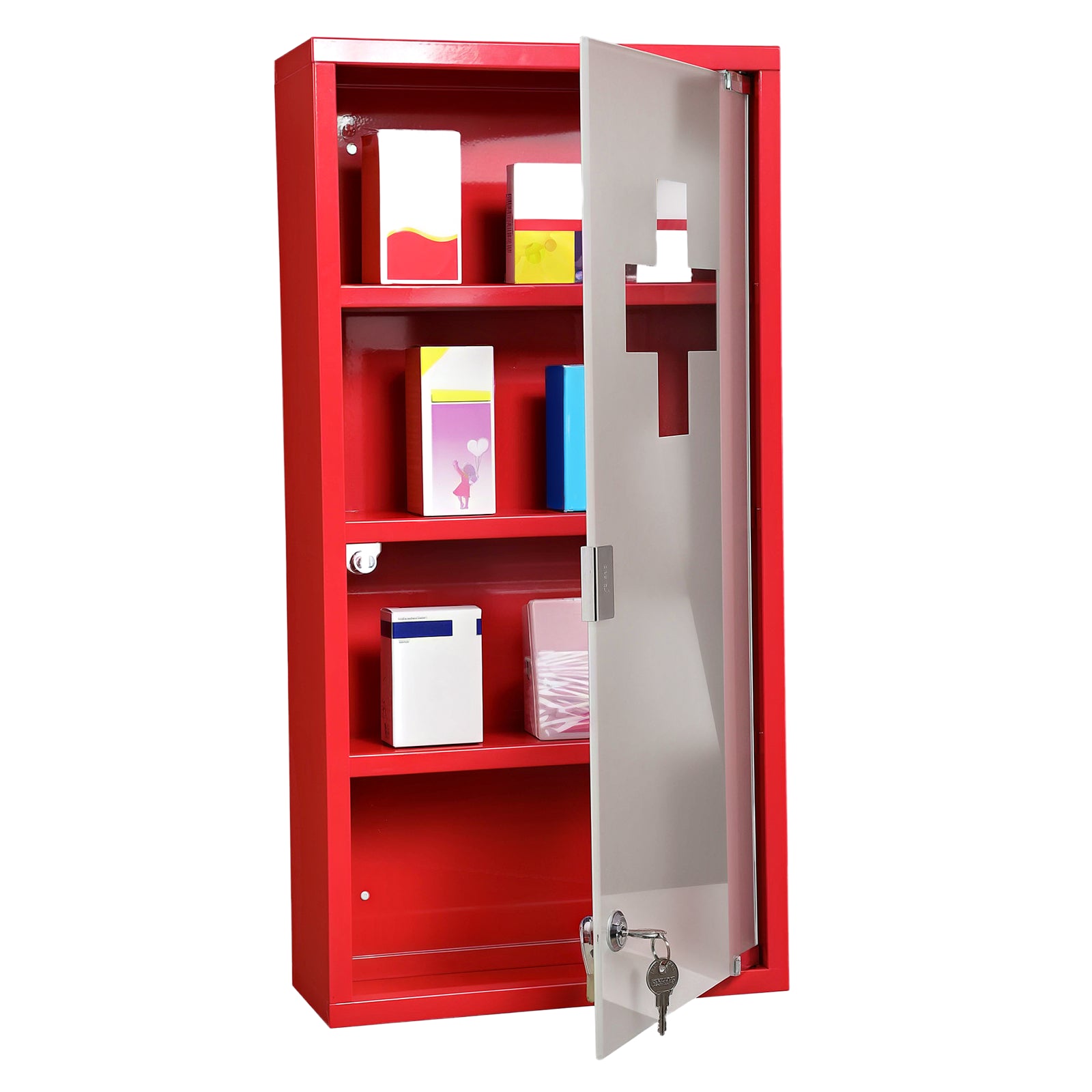 Armoire à Pharmacie 3 étagères 4 Niveaux verrouillable Porte Verre trempé dépoli Logo Croix 30L x 12l x 60H cm Acier Rouge
