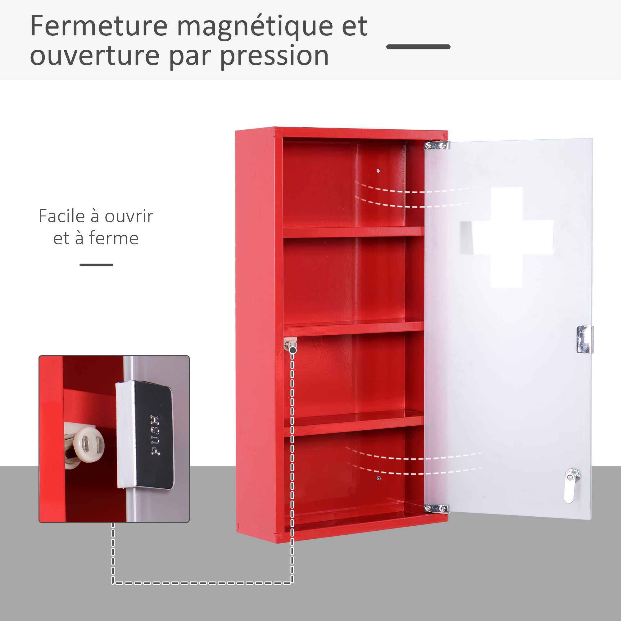 Armoire à Pharmacie 3 étagères 4 Niveaux verrouillable Porte Verre trempé dépoli Logo Croix 30L x 12l x 60H cm Acier Rouge