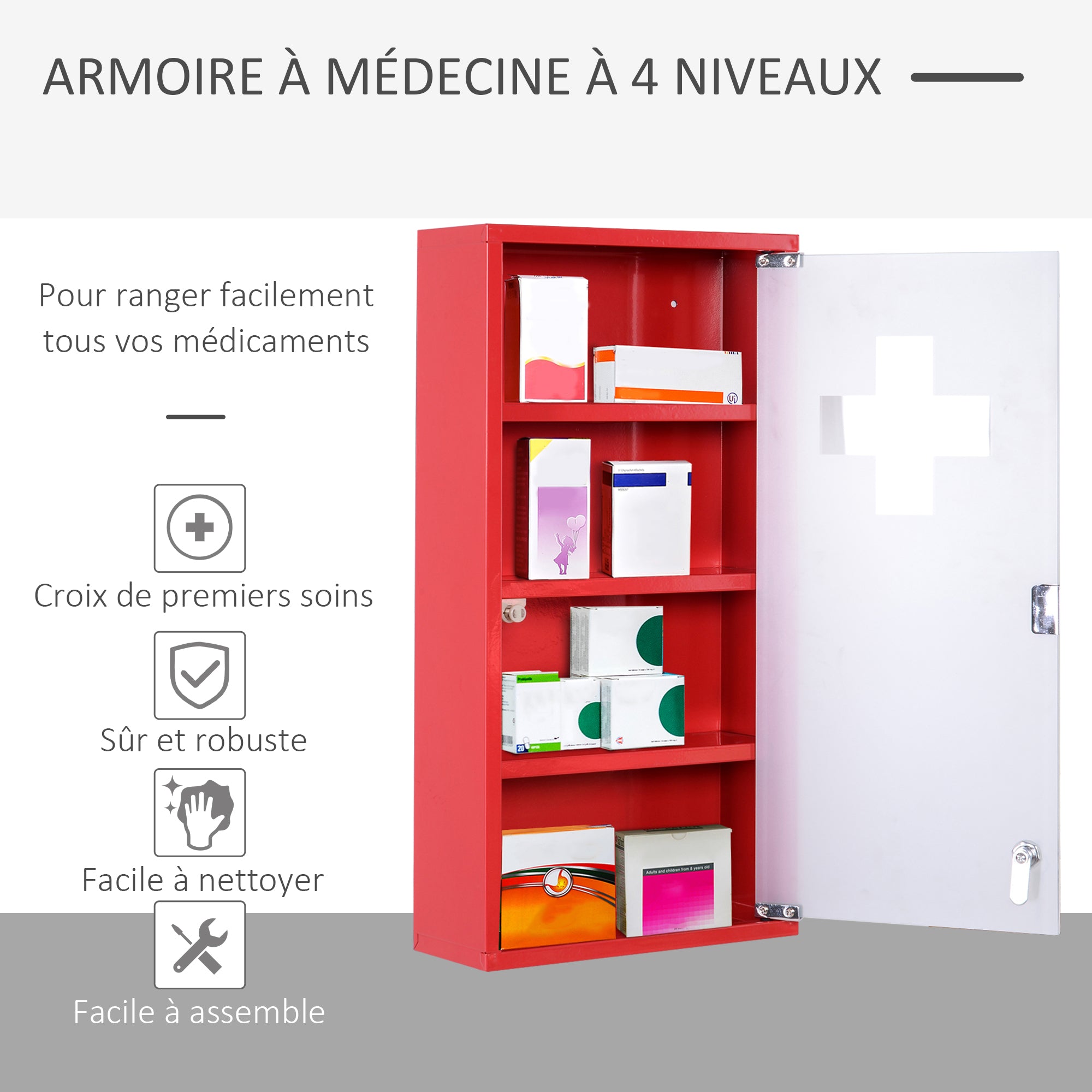 Armoire à Pharmacie 3 étagères 4 Niveaux verrouillable Porte Verre trempé dépoli Logo Croix 30L x 12l x 60H cm Acier Rouge