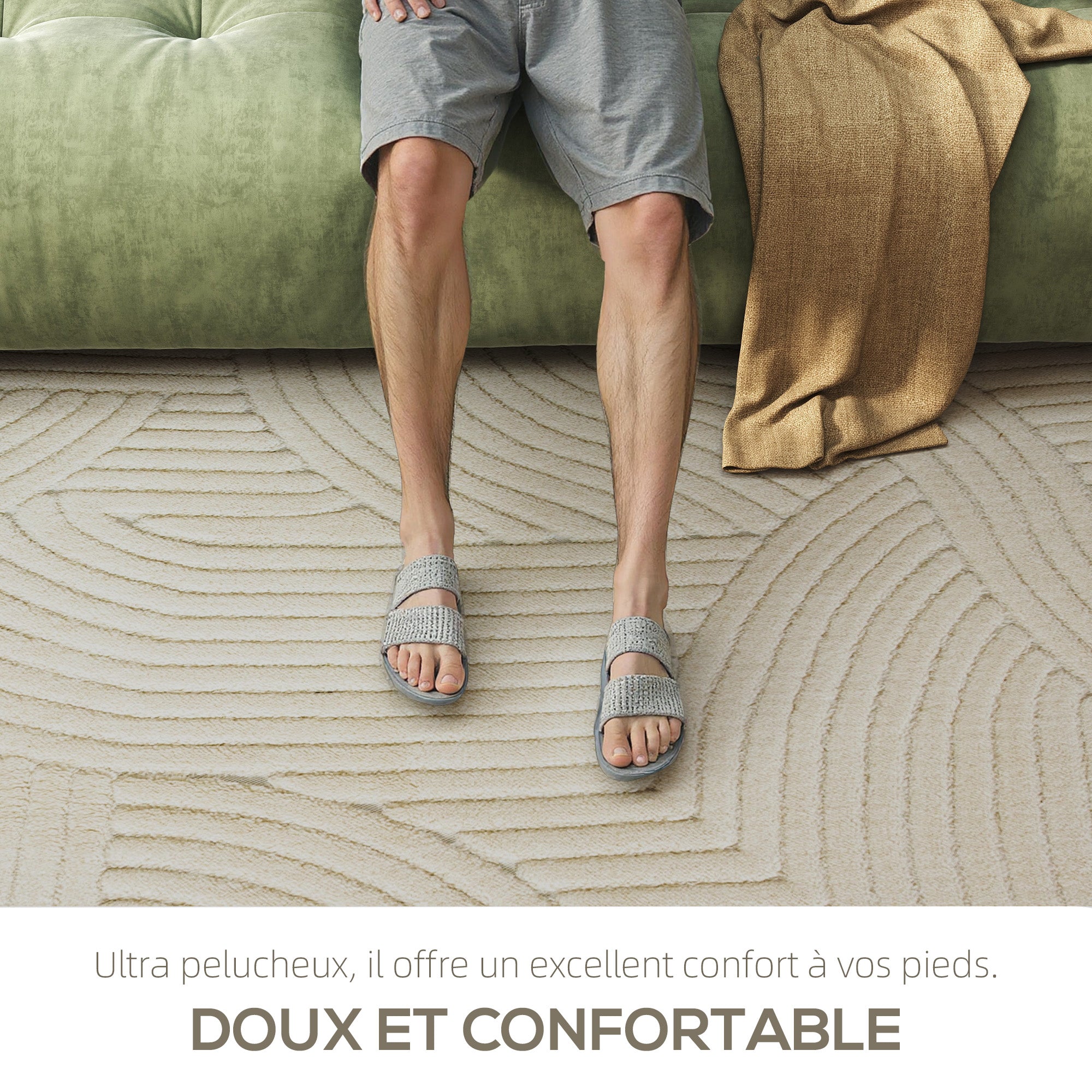 Tapis salon 230 x 160 cm, tapis à poils épais géométrique, moelleux et antidérapant, style moderne, pour salon, chambre à coucher, bureau, crème