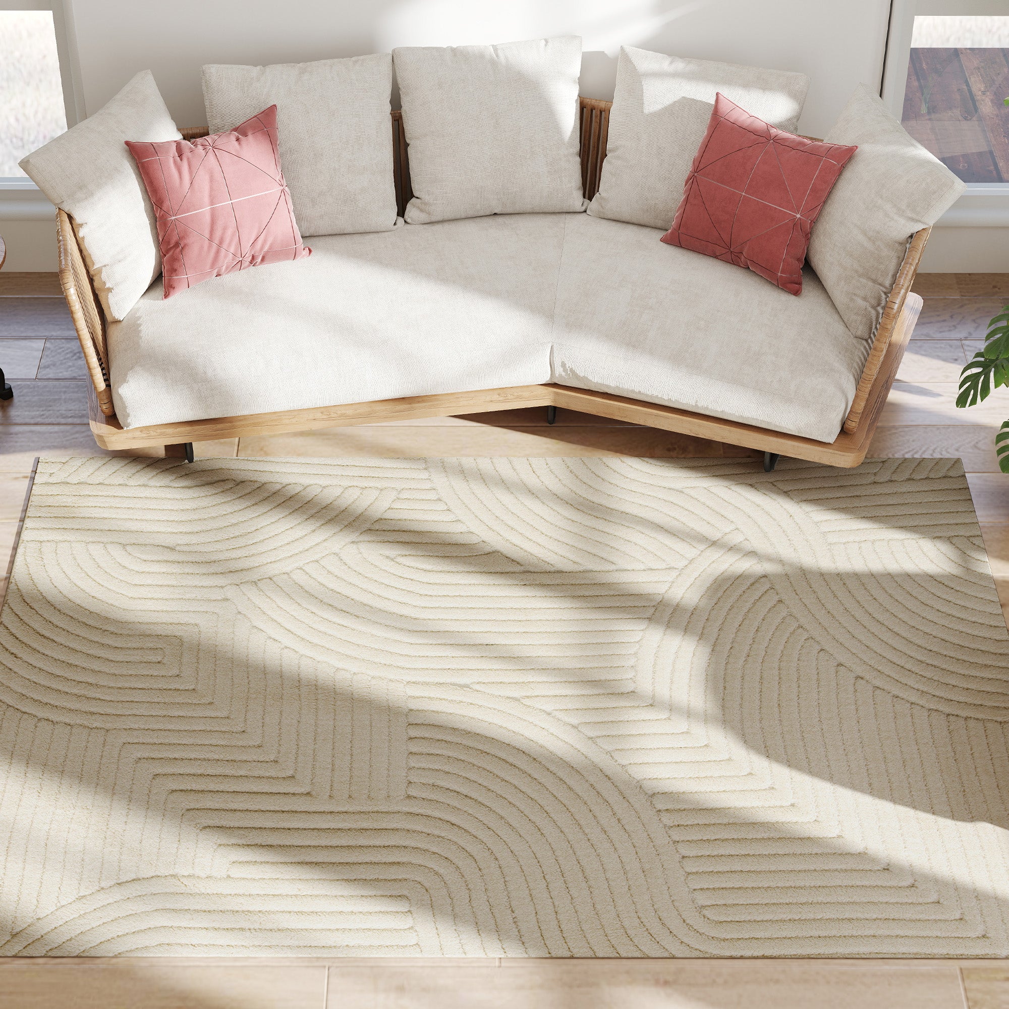 Tapis salon 230 x 160 cm, tapis à poils épais géométrique, moelleux et antidérapant, style moderne, pour salon, chambre à coucher, bureau, crème