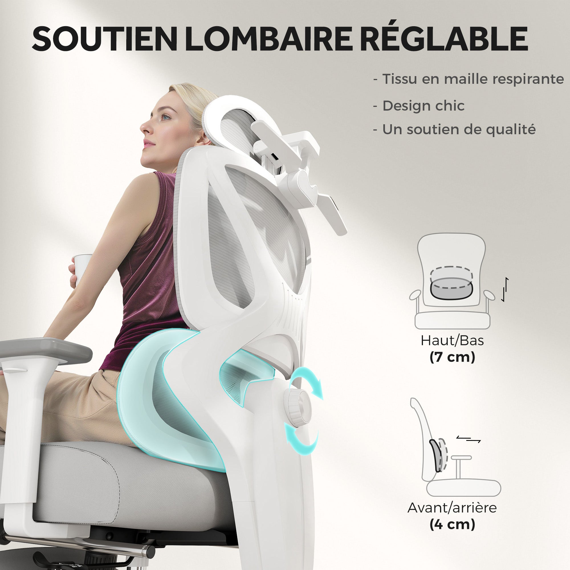 Chaise bureau fauteuil de bureau - hauteur réglable, dossier inclinable, accoudoirs 3D, appui-tête rotatif, soutien lombaire réglable, siège de bureau en tissu en maille, 71x70x129cm, noir