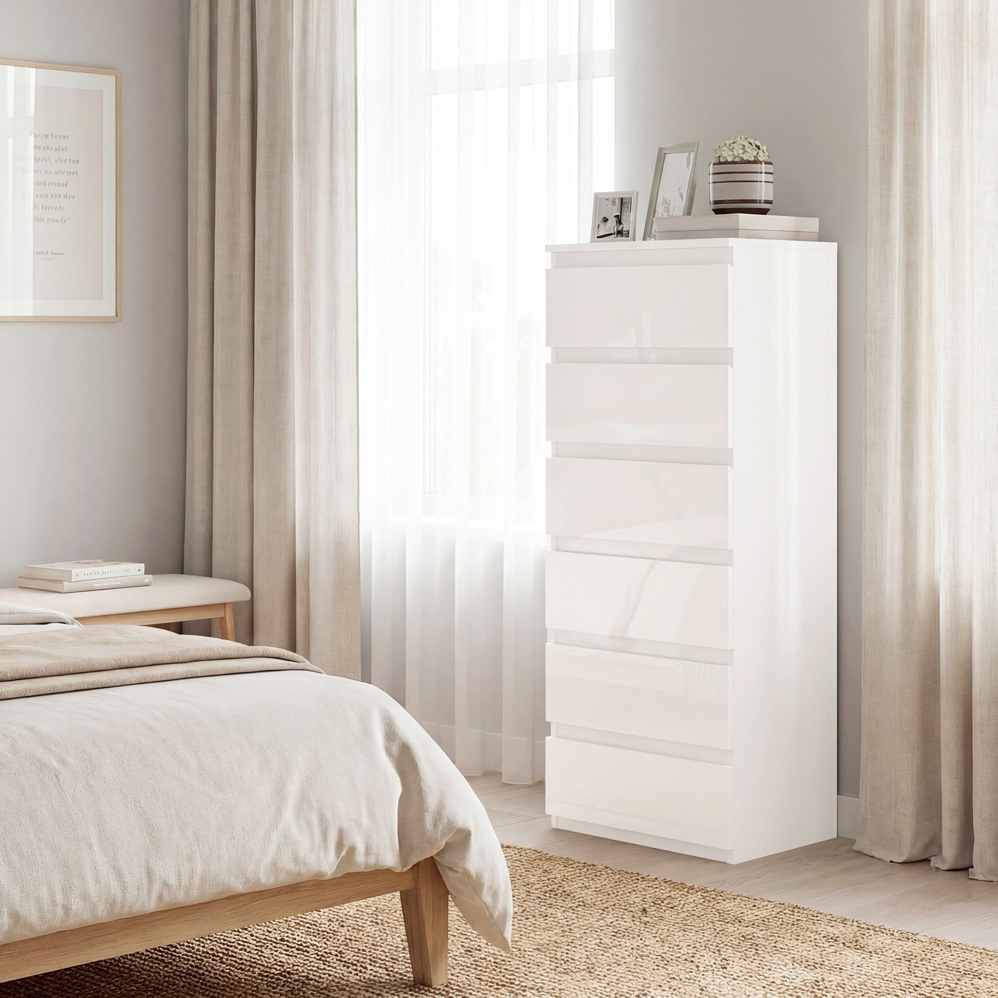 Commode 6 tiroirs à haute brillance, meuble de rangement étroit sans poignées, chiffonnier, style moderne, commode pour chambre à coucher, salon, couloir, 40 x 35 x 109 cm, blanc