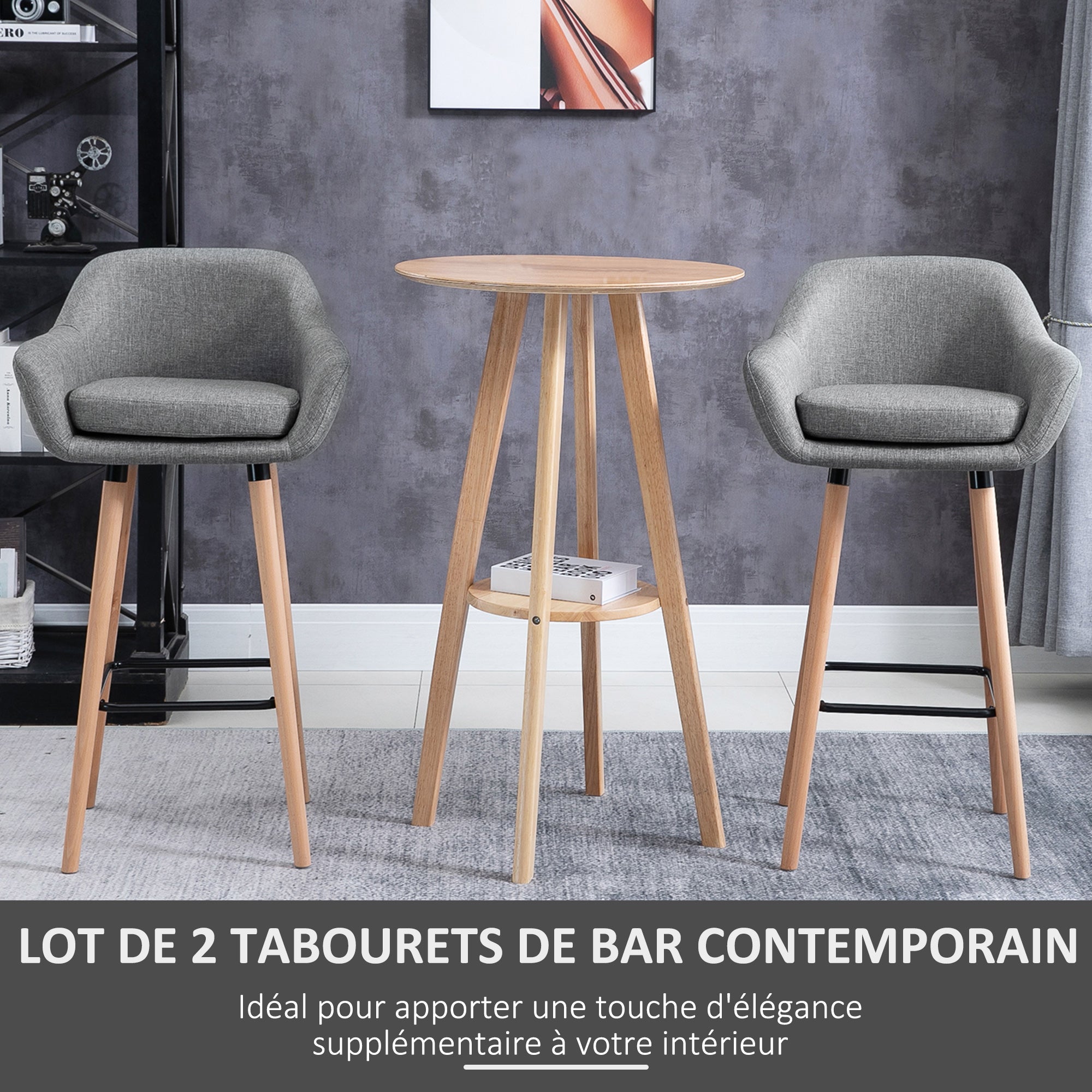 Tabourets de Bar Design scandinave - Lot de 2 tabourets de Bar Grand Confort avec Repose-Pieds et accoudoirs - Bois massif Lin Gris foncé