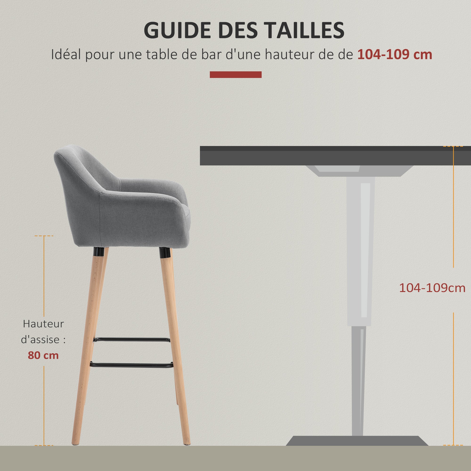 Tabourets de Bar Design scandinave - Lot de 2 tabourets de Bar Grand Confort avec Repose-Pieds et accoudoirs - Bois massif Lin Gris foncé