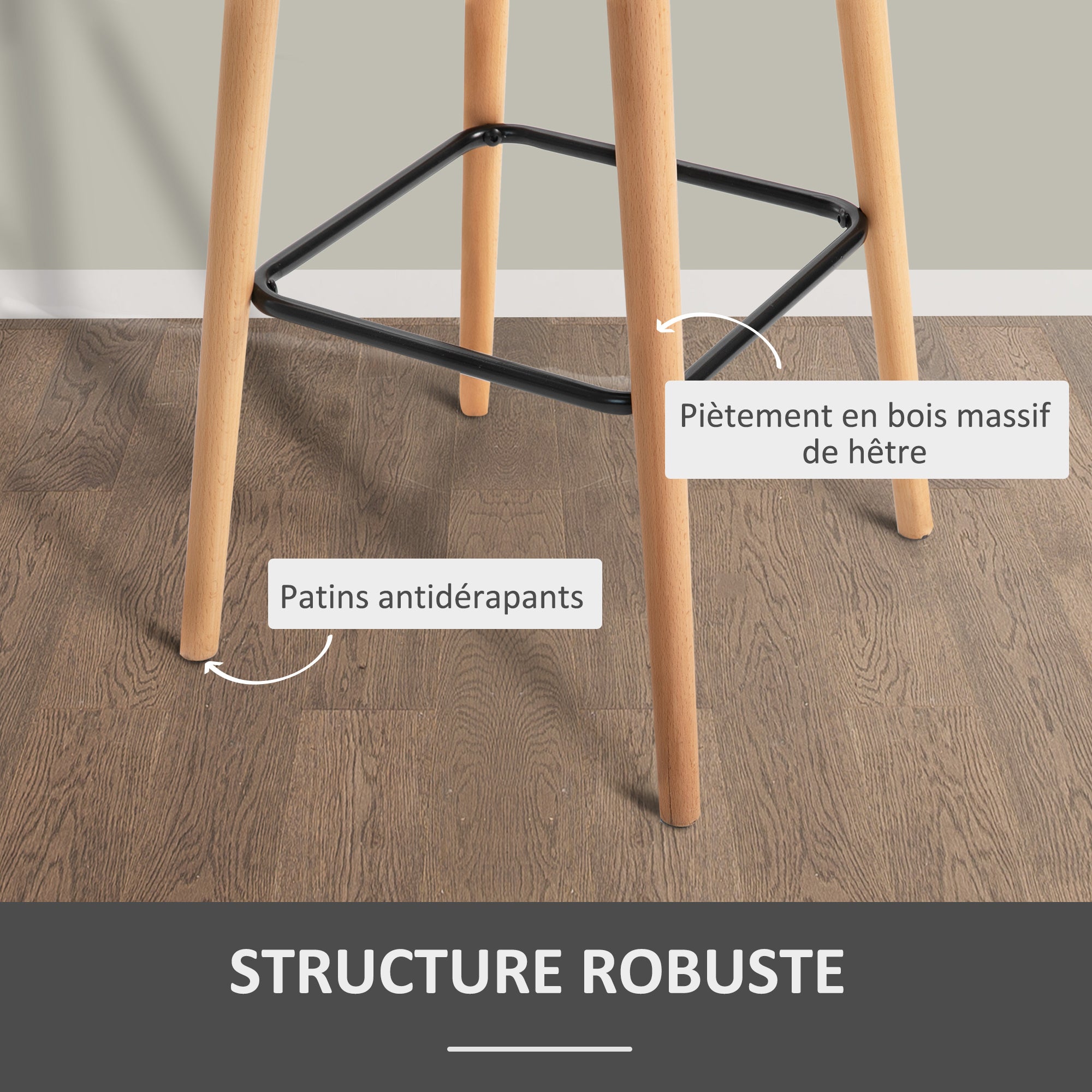 Tabourets de Bar Design scandinave - Lot de 2 tabourets de Bar Grand Confort avec Repose-Pieds et accoudoirs - Bois massif Lin Gris foncé