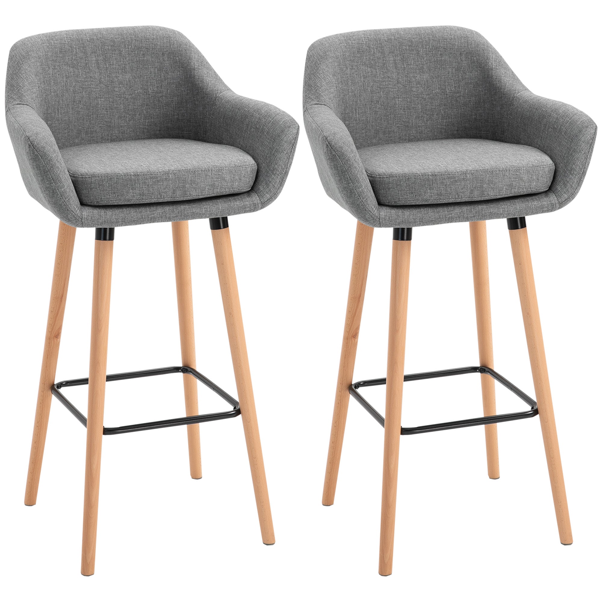 Tabourets de Bar Design scandinave - Lot de 2 tabourets de Bar Grand Confort avec Repose-Pieds et accoudoirs - Bois massif Lin Gris foncé