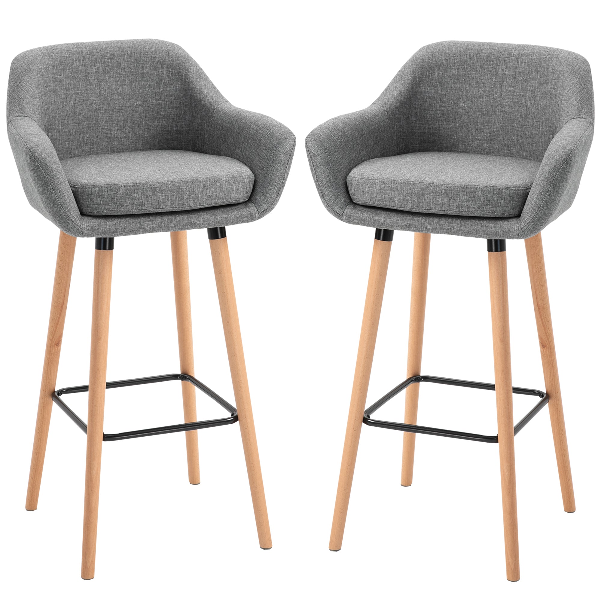 Tabourets de Bar Design scandinave - Lot de 2 tabourets de Bar Grand Confort avec Repose-Pieds et accoudoirs - Bois massif Lin Gris foncé