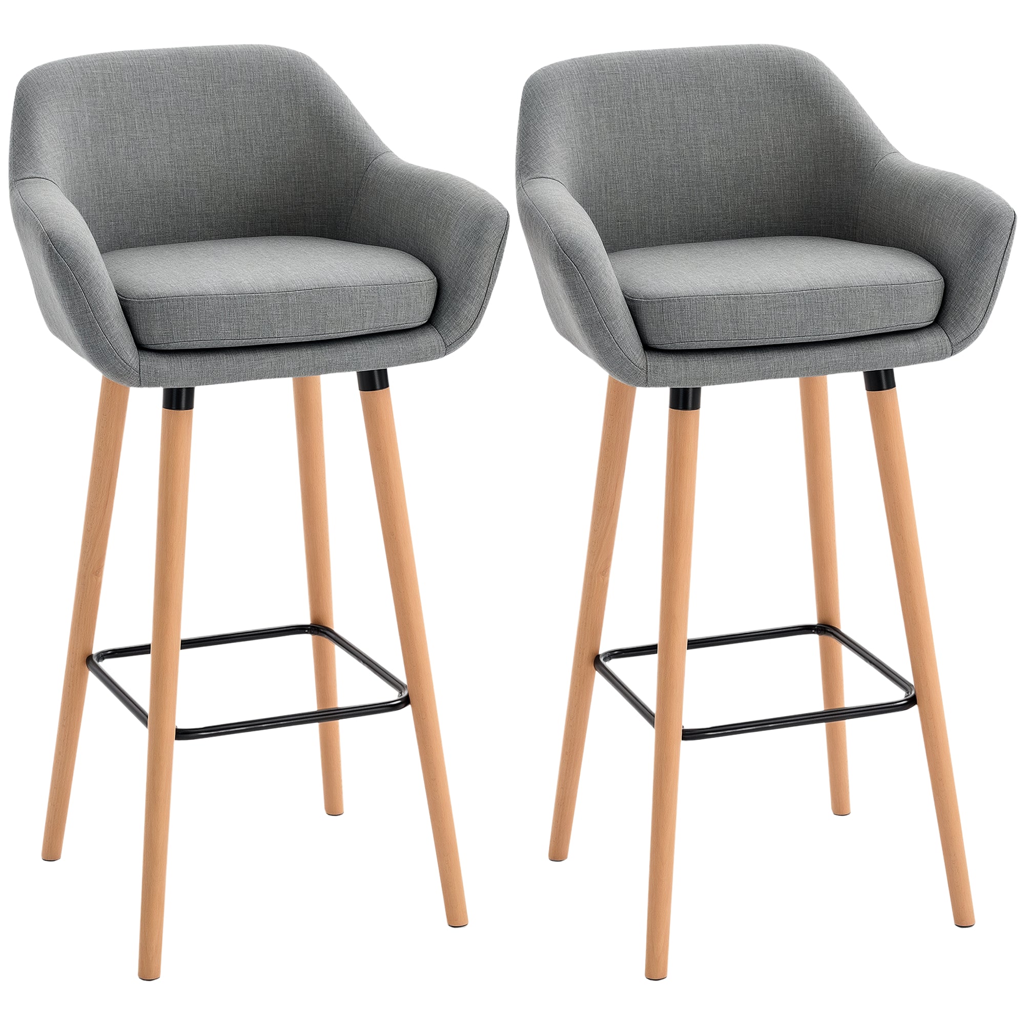 Tabourets de Bar Design scandinave - Lot de 2 tabourets de Bar Grand Confort avec Repose-Pieds et accoudoirs - Bois massif Lin Gris foncé