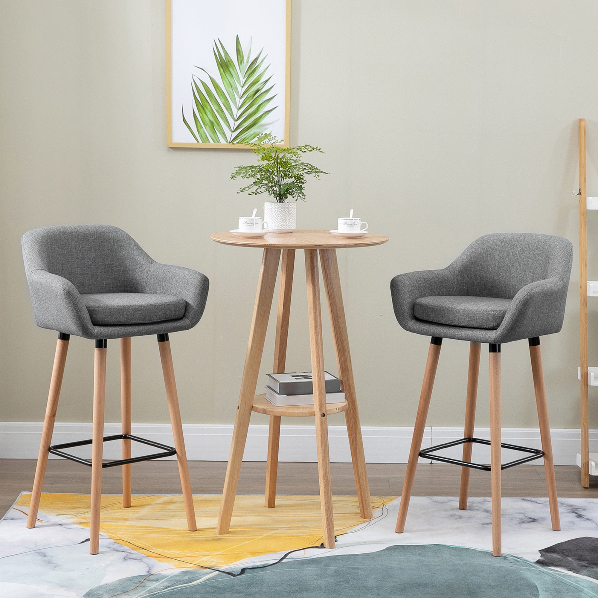 Tabourets de Bar Design scandinave - Lot de 2 tabourets de Bar Grand Confort avec Repose-Pieds et accoudoirs - Bois massif Lin Gris foncé