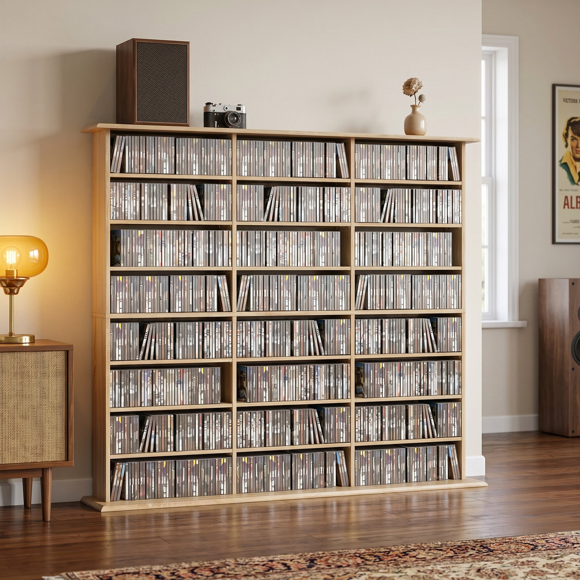 Rangements pour CD et DVD, Meuble de Rangement Multimédia, Capacité Max. 1032 CDs/594 DVDs et Blu-ray, 24 Compartiments et 18 Étagères Réglables, pour Salon, Chambre, 145x24x126,3cm, Chêne