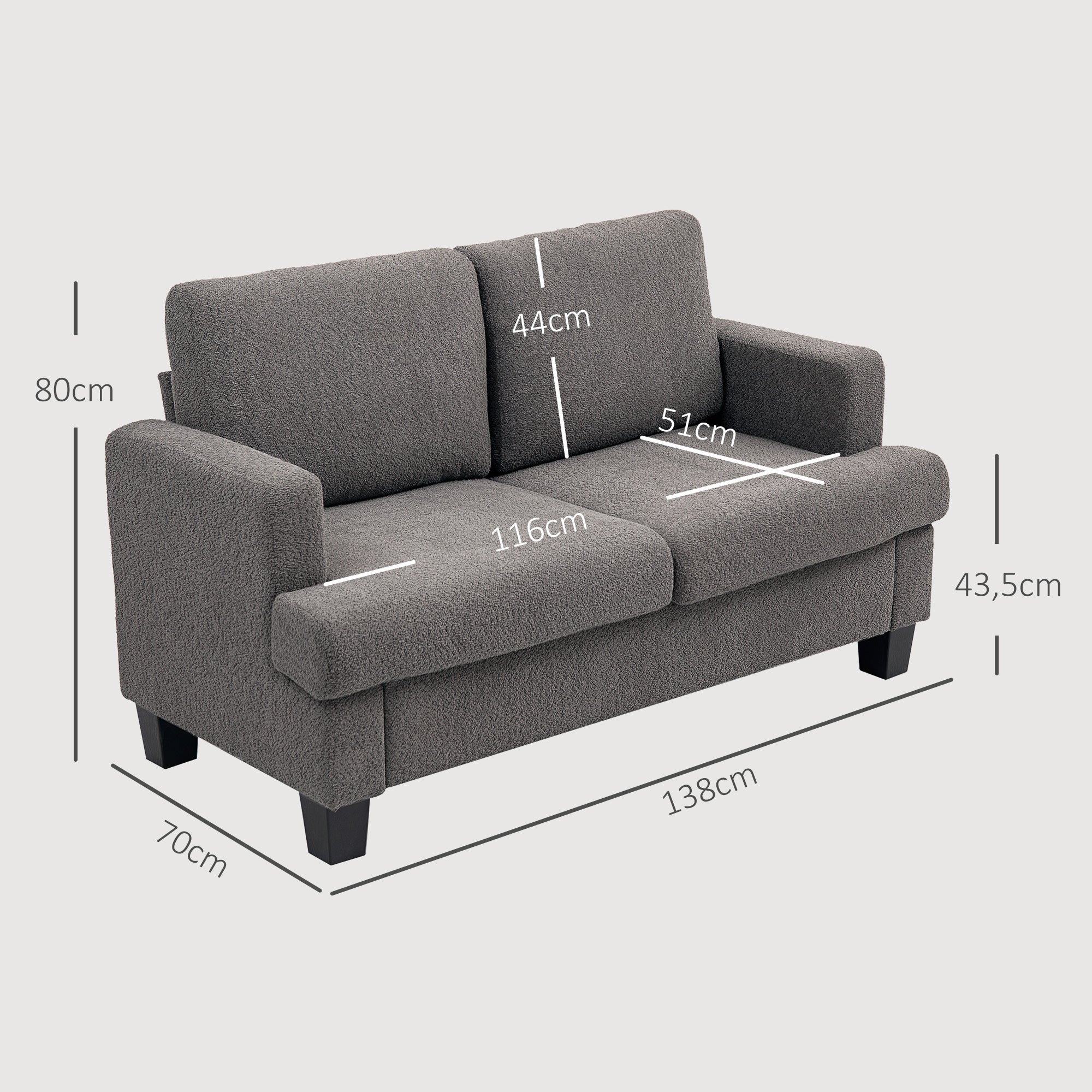 Canapé 2 places canapé de salon 140 cm style moderne avec coussins de dossier amovibles et accoudoirs, mini sofa pour chambre, appartement, petit espace, gris foncé