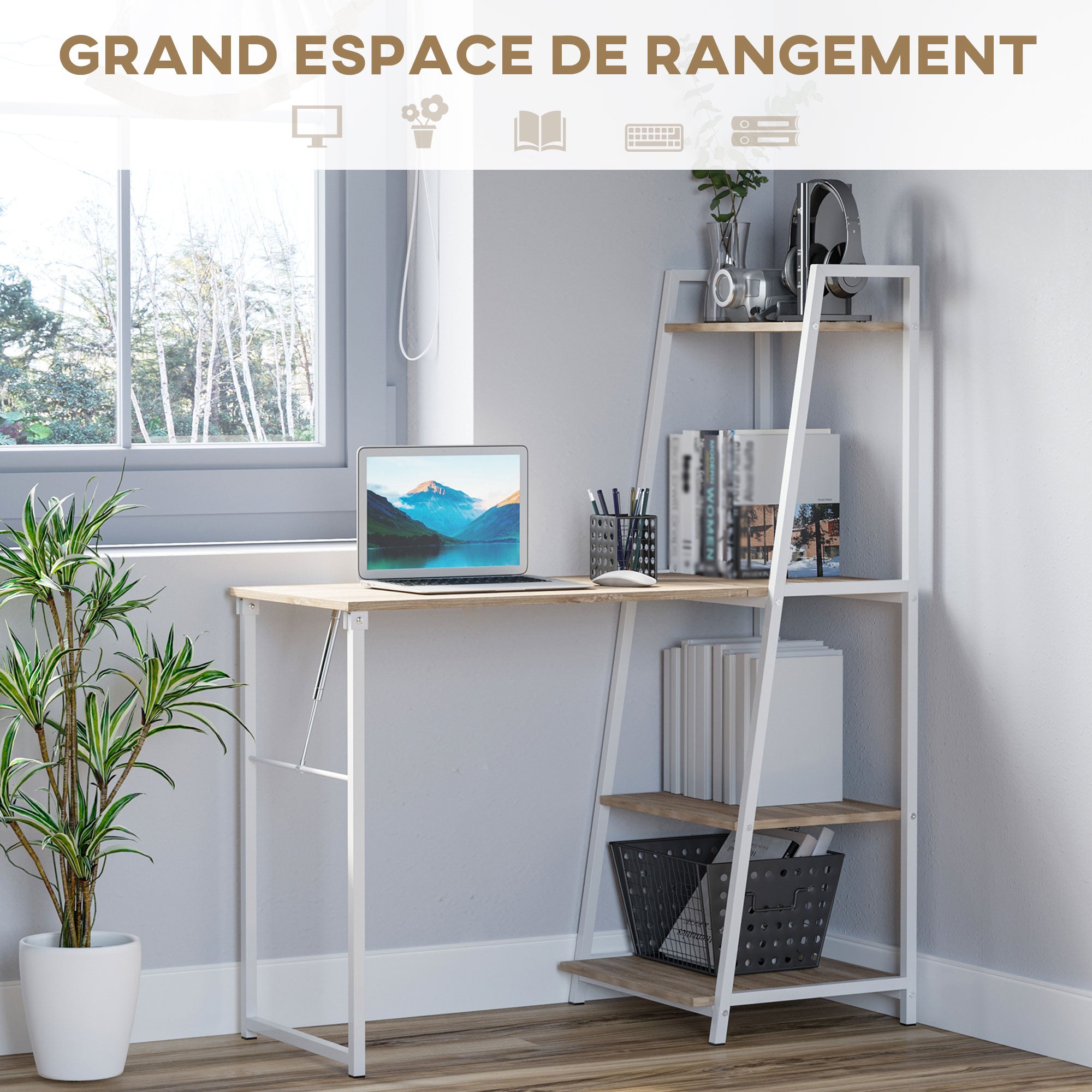 Bureau Pliable Rabattable - Bureau bibliothèque 2 en 1-4 étagères - Imitation Bois chêne Clair métal Blanc
