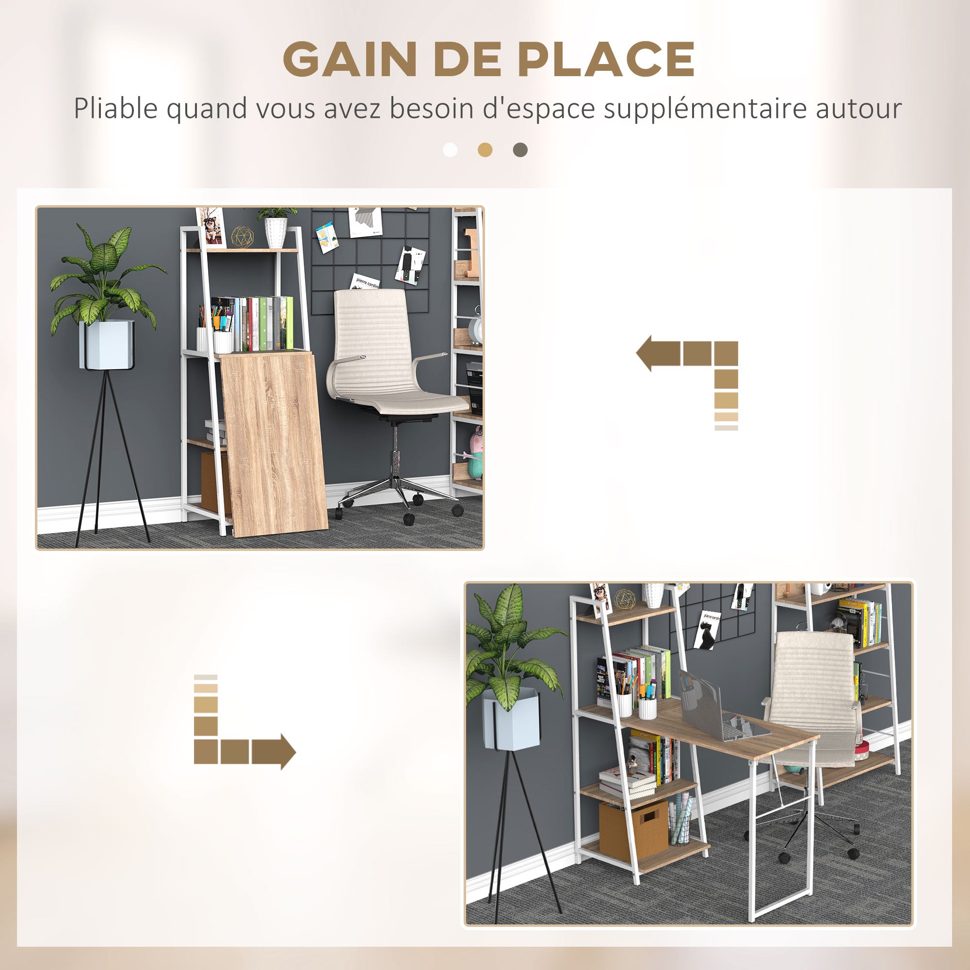 Bureau Pliable Rabattable - Bureau bibliothèque 2 en 1-4 étagères - Imitation Bois chêne Clair métal Blanc