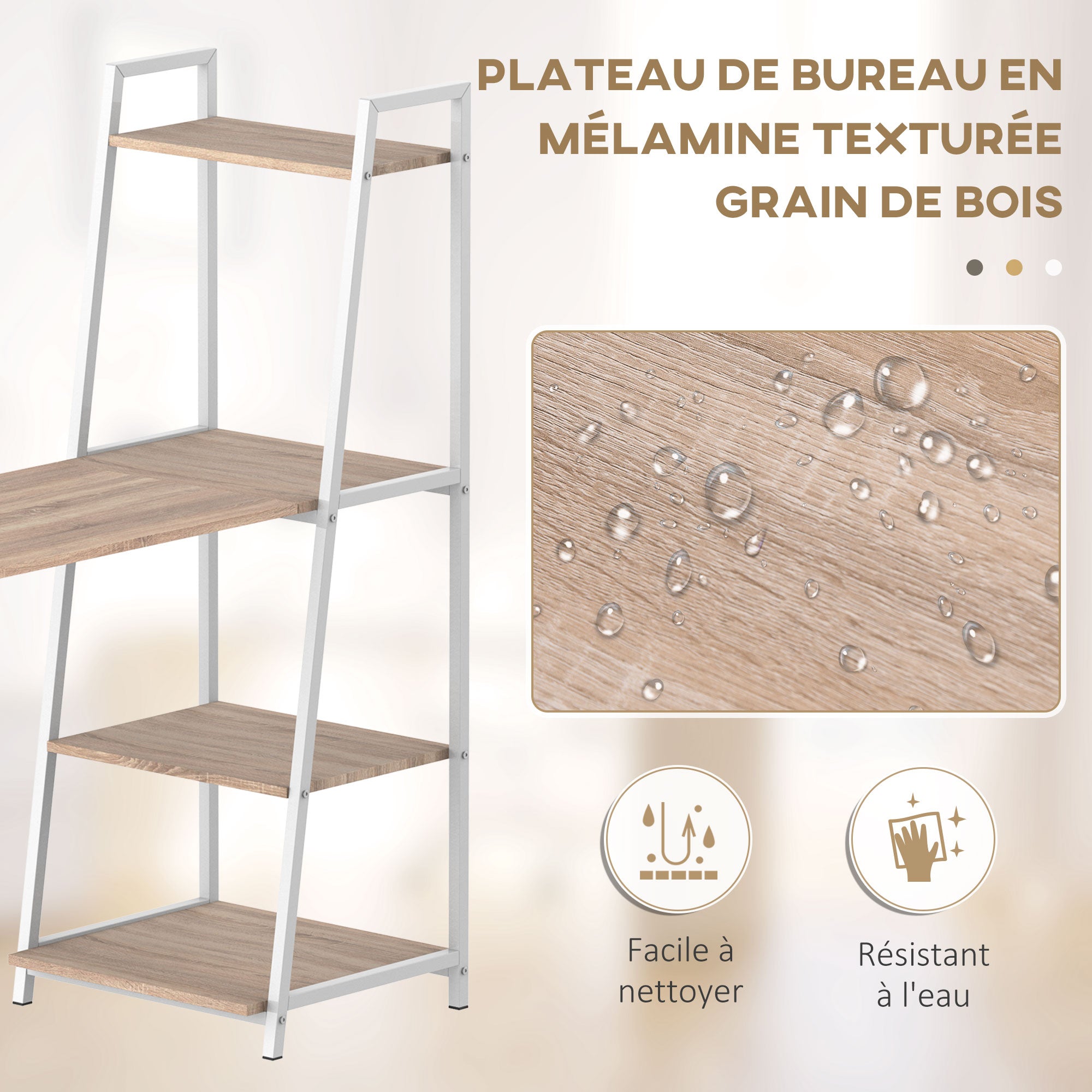 Bureau Pliable Rabattable - Bureau bibliothèque 2 en 1-4 étagères - Imitation Bois chêne Clair métal Blanc