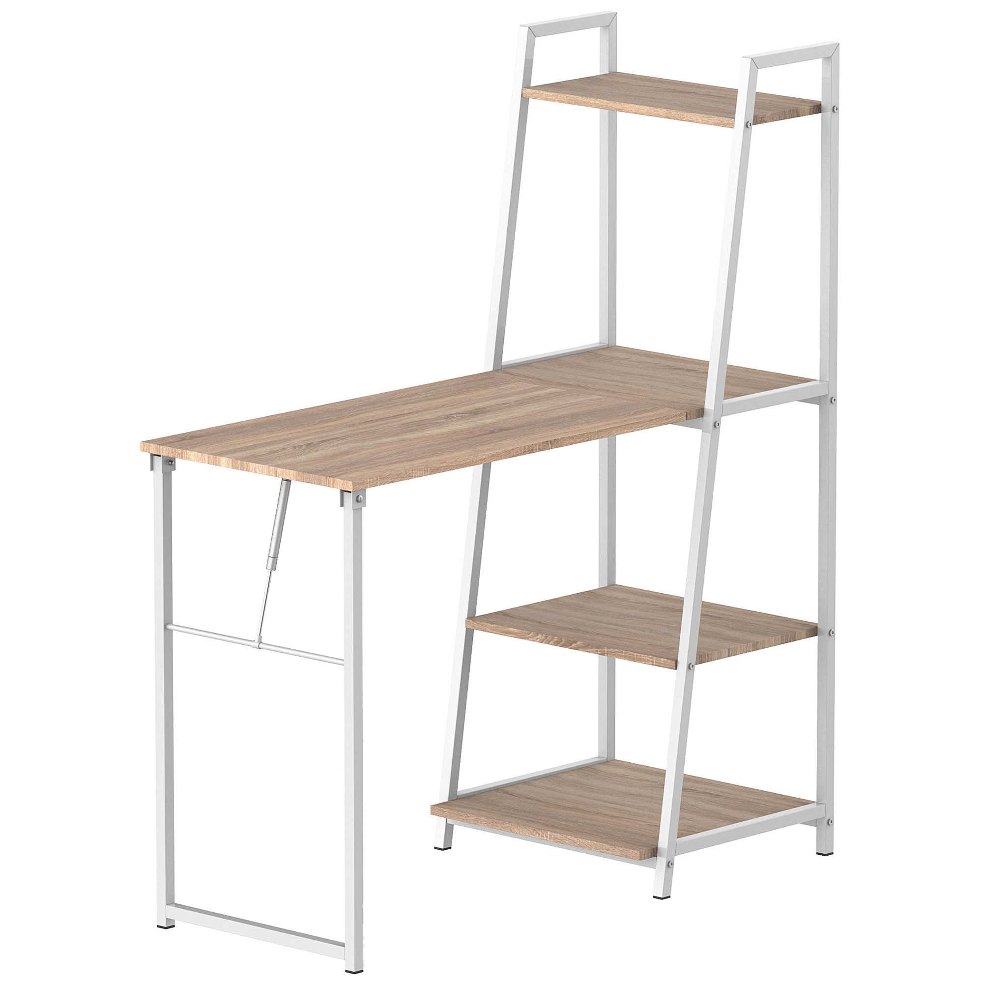 Bureau Pliable Rabattable - Bureau bibliothèque 2 en 1-4 étagères - Imitation Bois chêne Clair métal Blanc