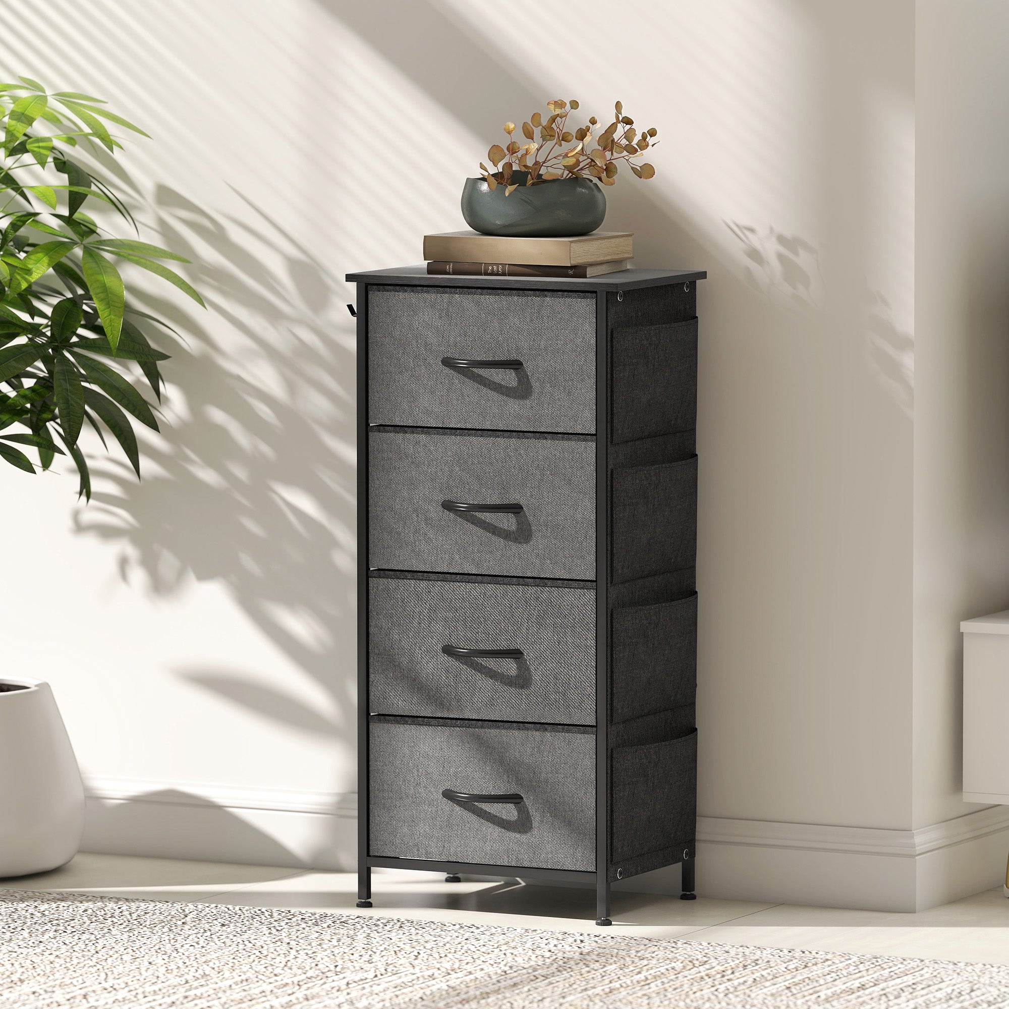 Commode 4 tiroirs en tissu, meuble de rangement avec 4 poches, 2 crochets, structure en acier, chiffonnier pour salon, chambre, entrée, gris