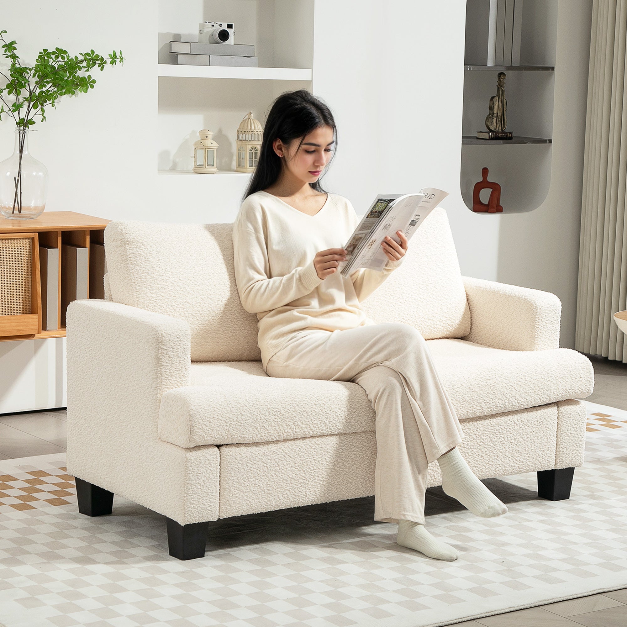 Canapé 2 places canapé de salon 140 cm style moderne avec coussins de dossier amovibles et accoudoirs, mini sofa pour chambre, appartement, petit espace, beige