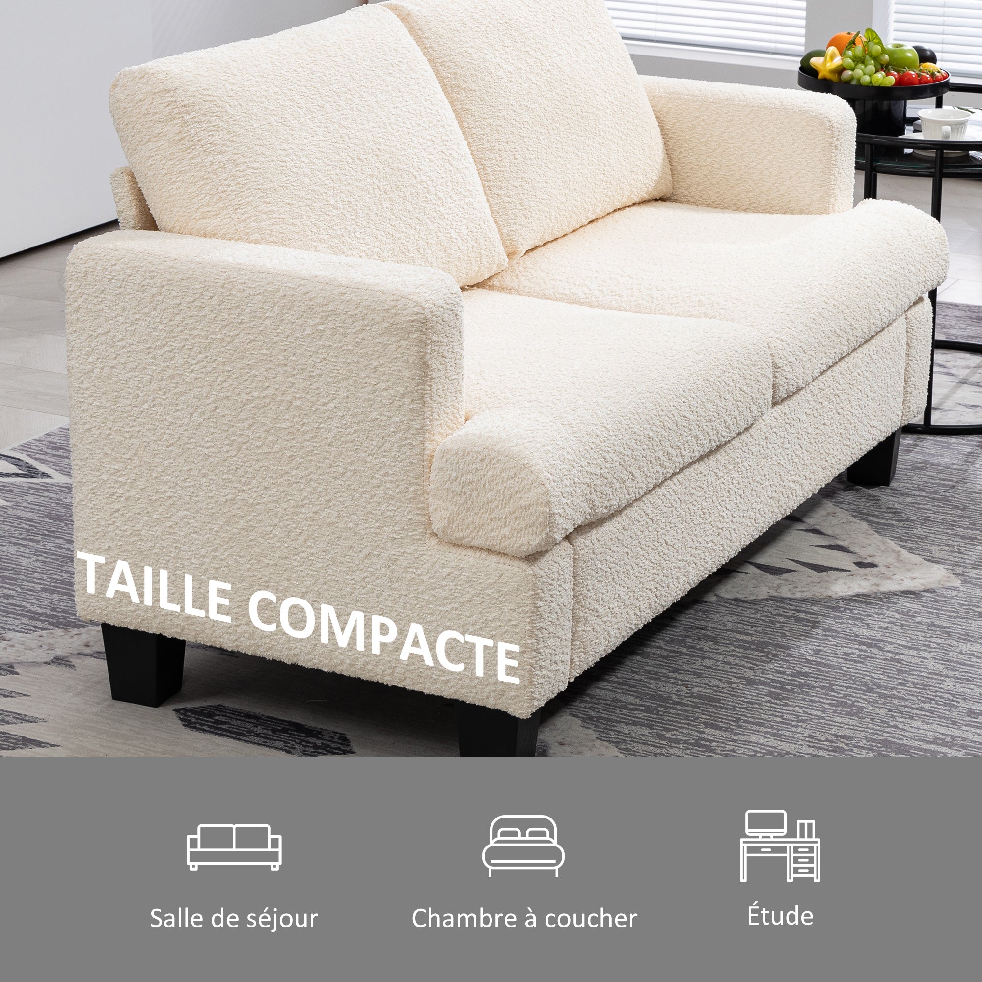 Canapé 2 places canapé de salon 140 cm style moderne avec coussins de dossier amovibles et accoudoirs, mini sofa pour chambre, appartement, petit espace, beige