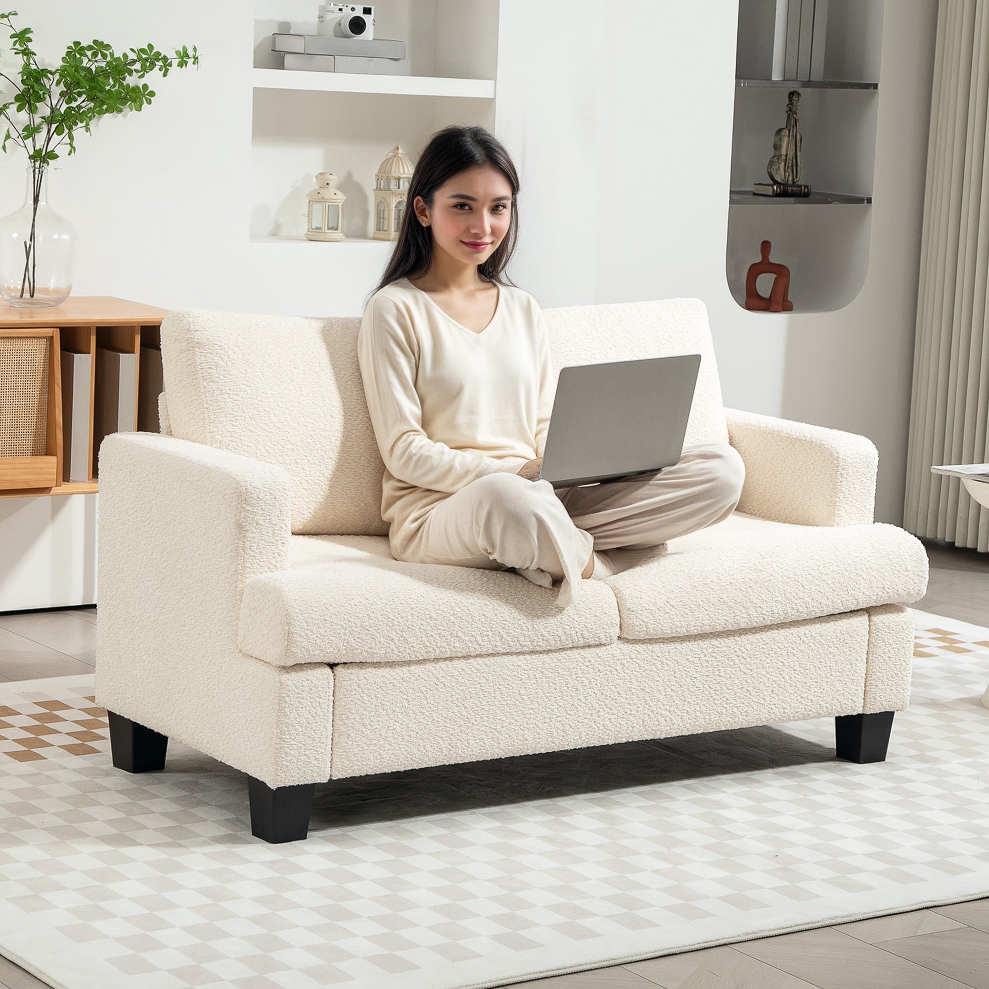 Canapé 2 places canapé de salon 140 cm style moderne avec coussins de dossier amovibles et accoudoirs, mini sofa pour chambre, appartement, petit espace, beige