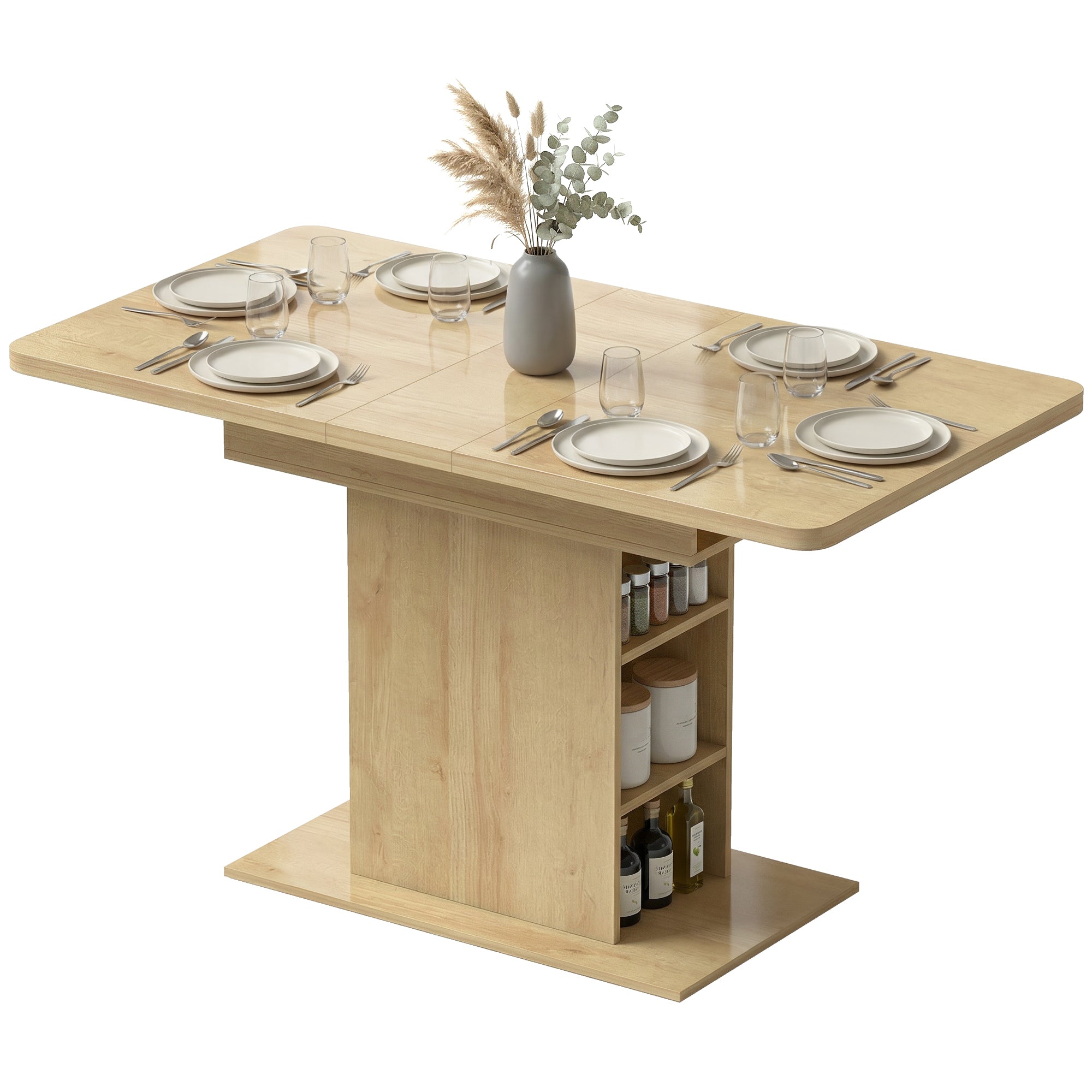 Table à Manger Extensible Rectangle pour 4 à 6 Personnes, Table de Cuisine 110-130 cm avec 6 Étagères Ouvertes et Compartiment, pour Petits Espaces, Salle à Manger, Salon, Bois Naturel
