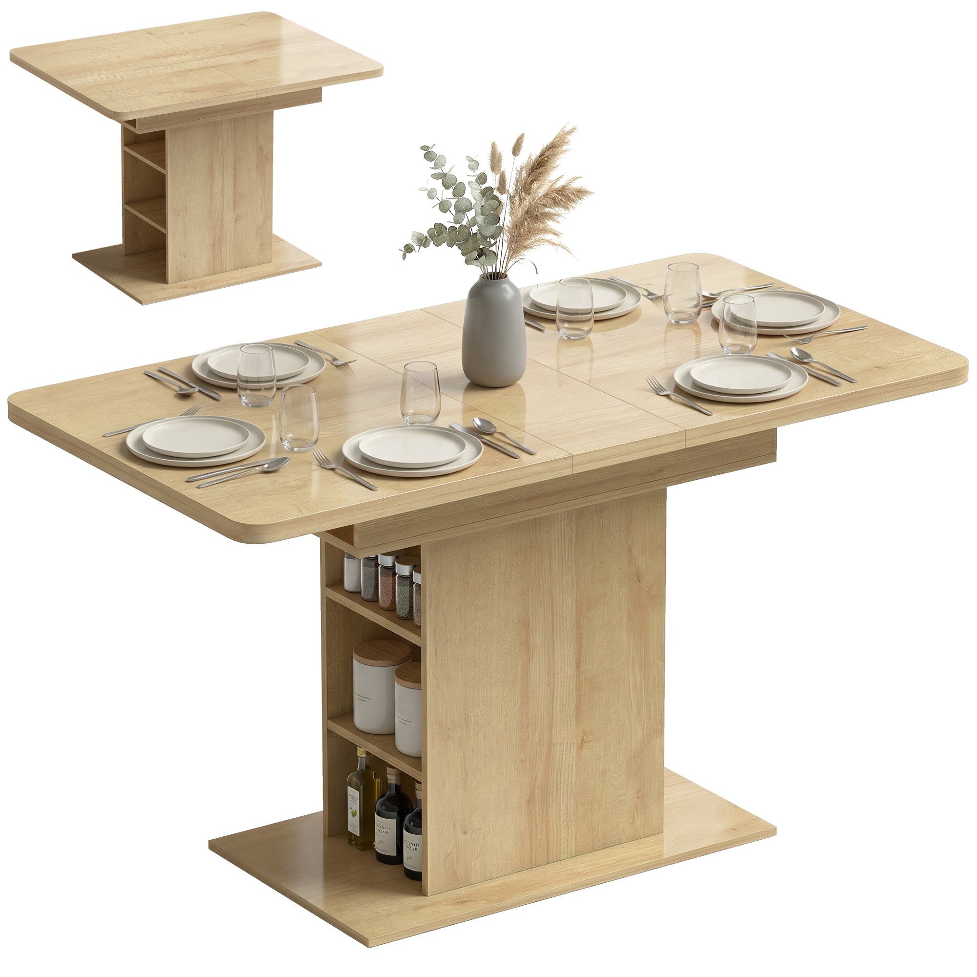 Table à Manger Extensible Rectangle pour 4 à 6 Personnes, Table de Cuisine 110-130 cm avec 6 Étagères Ouvertes et Compartiment, pour Petits Espaces, Salle à Manger, Salon, Bois Naturel