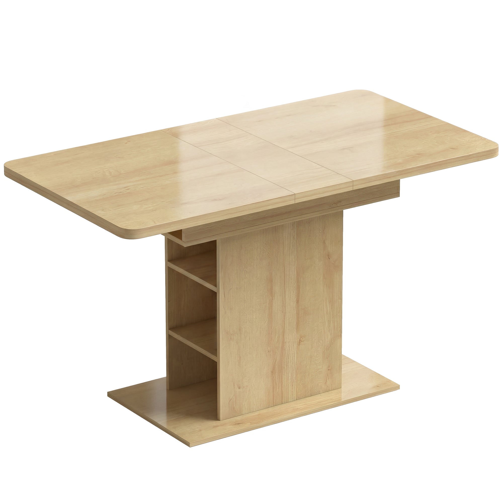 Table à Manger Extensible Rectangle pour 4 à 6 Personnes, Table de Cuisine 110-130 cm avec 6 Étagères Ouvertes et Compartiment, pour Petits Espaces, Salle à Manger, Salon, Bois Naturel