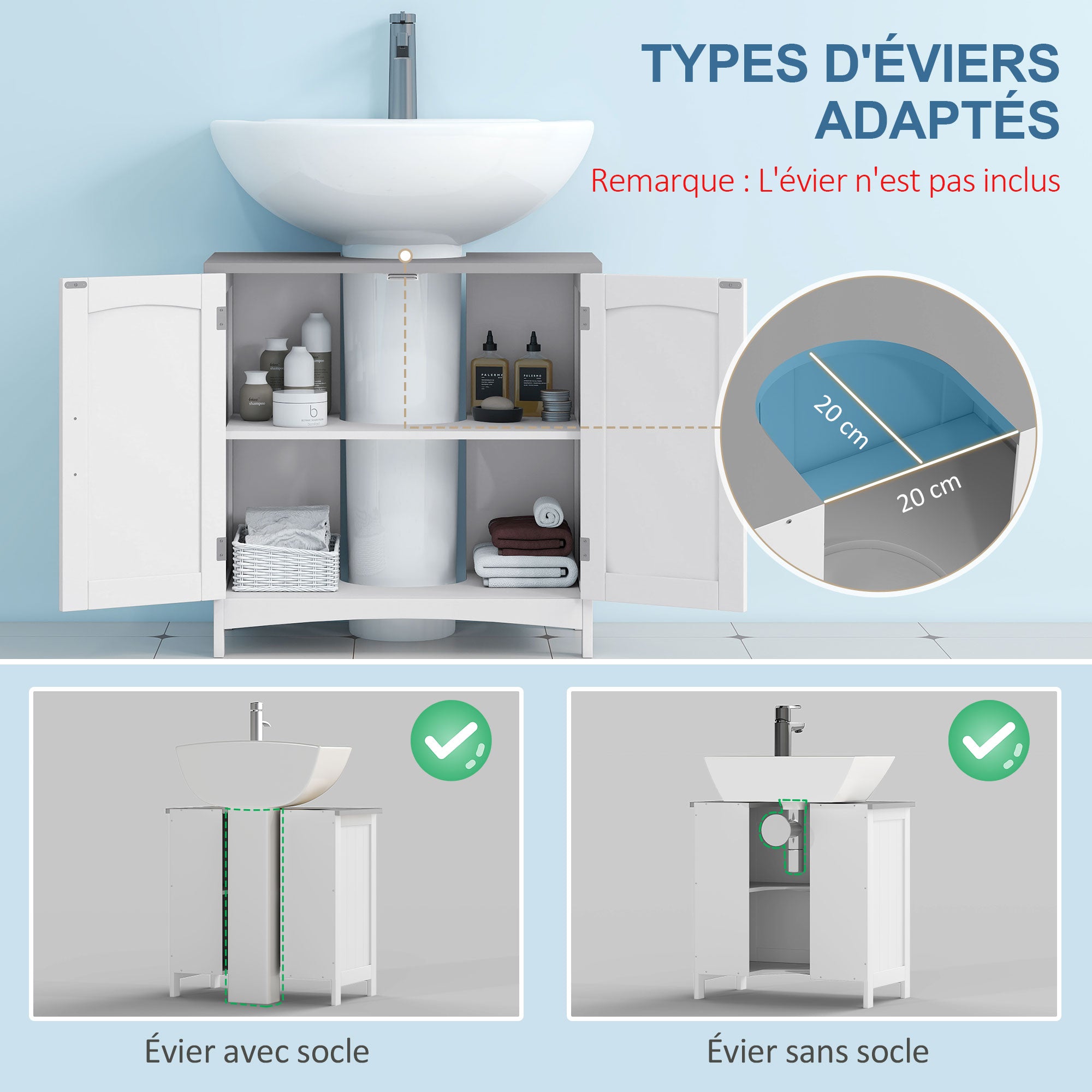 Meuble salle de bain sous lavabo, meuble sous lavabo avec double portes, étagère réglable, 60 x 33 x 60 cm, blanc