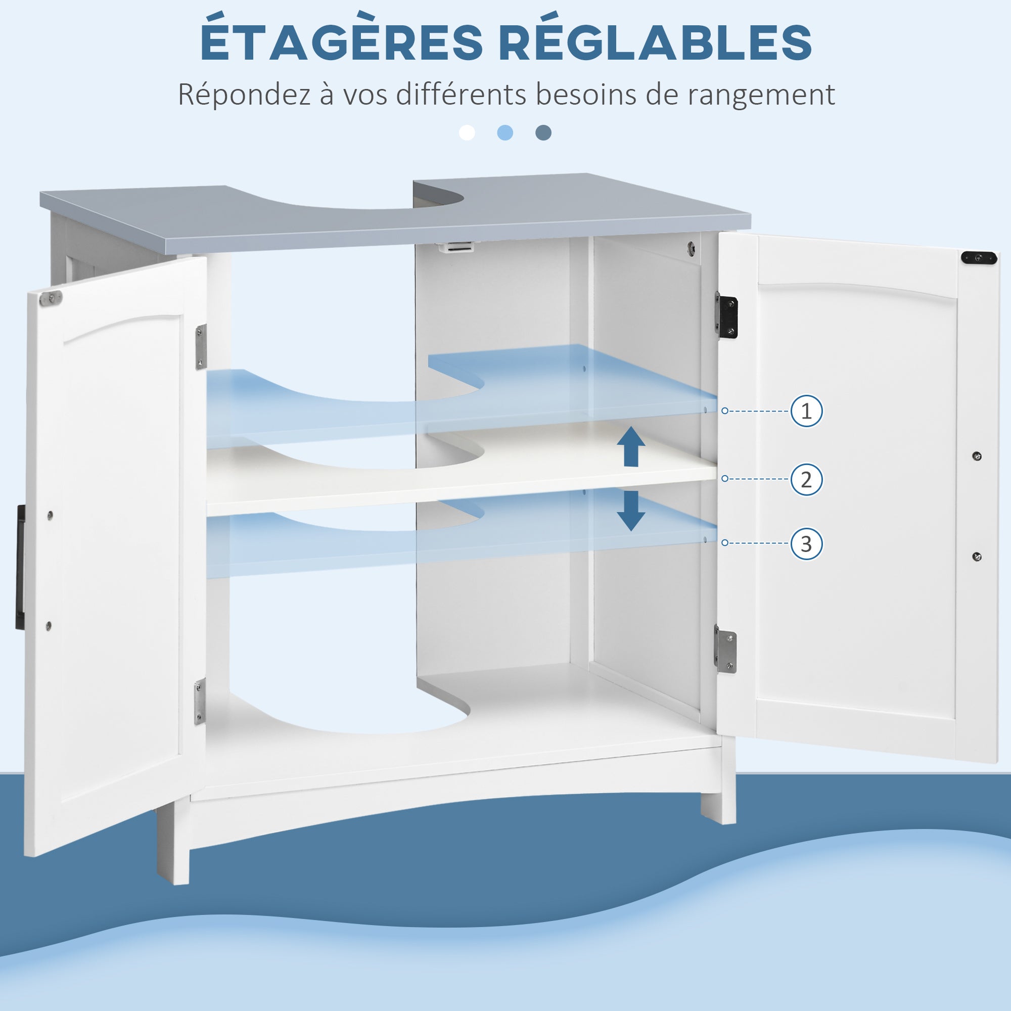 Meuble salle de bain sous lavabo, meuble sous lavabo avec double portes, étagère réglable, 60 x 33 x 60 cm, blanc