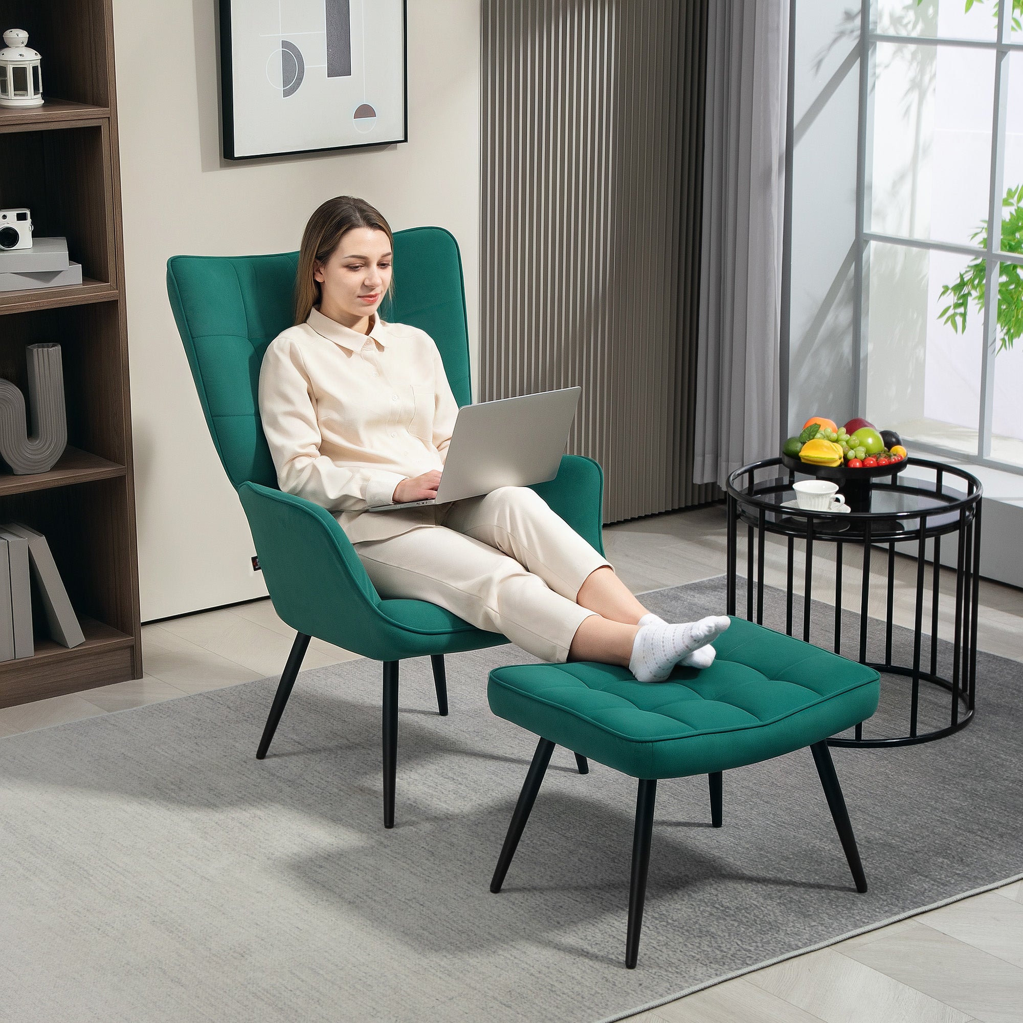 Fauteuil relax avec repose-pieds assorti style scandinave piètement métal noir revêtement aspect velours - Vert