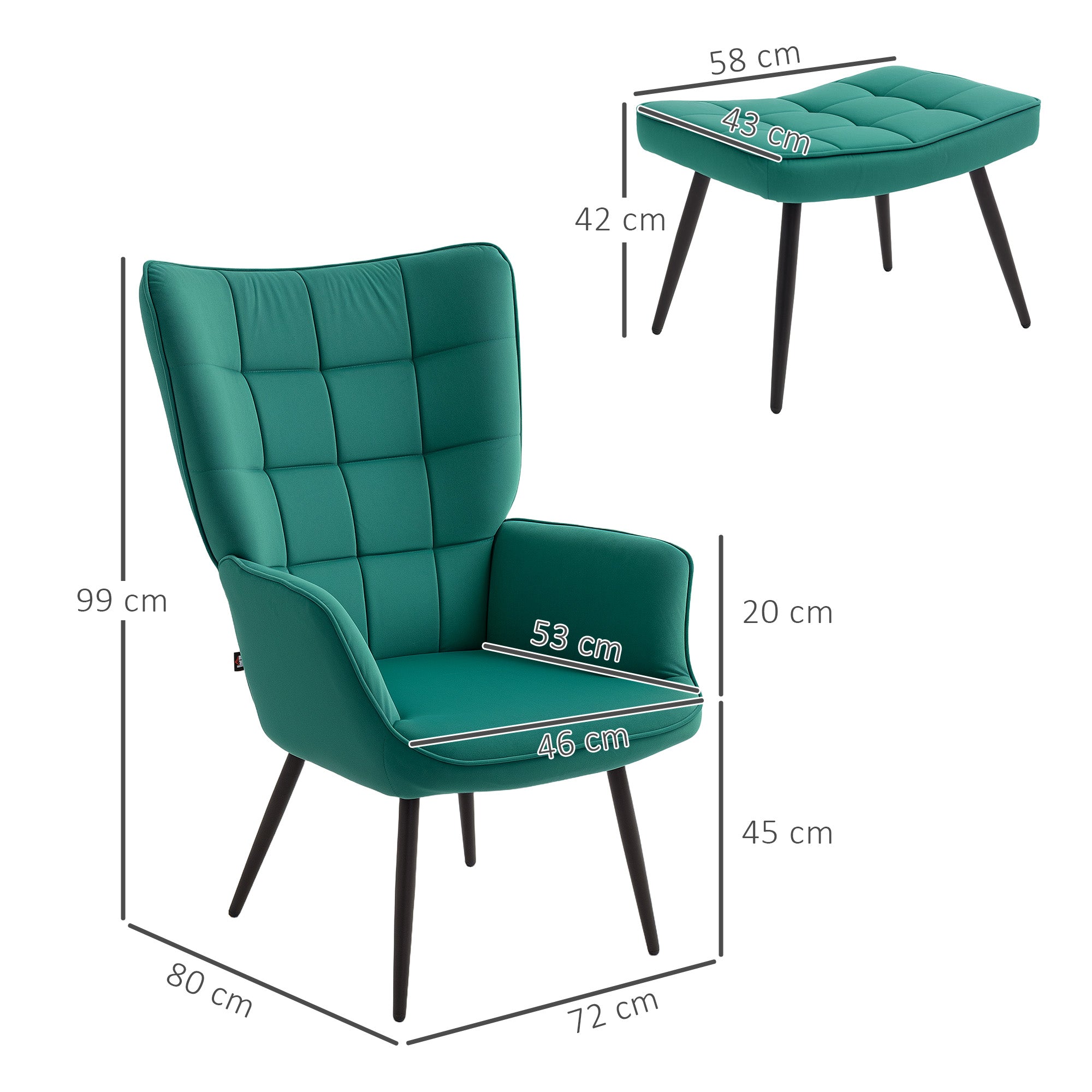 Fauteuil relax avec repose-pieds assorti style scandinave piètement métal noir revêtement aspect velours - Vert