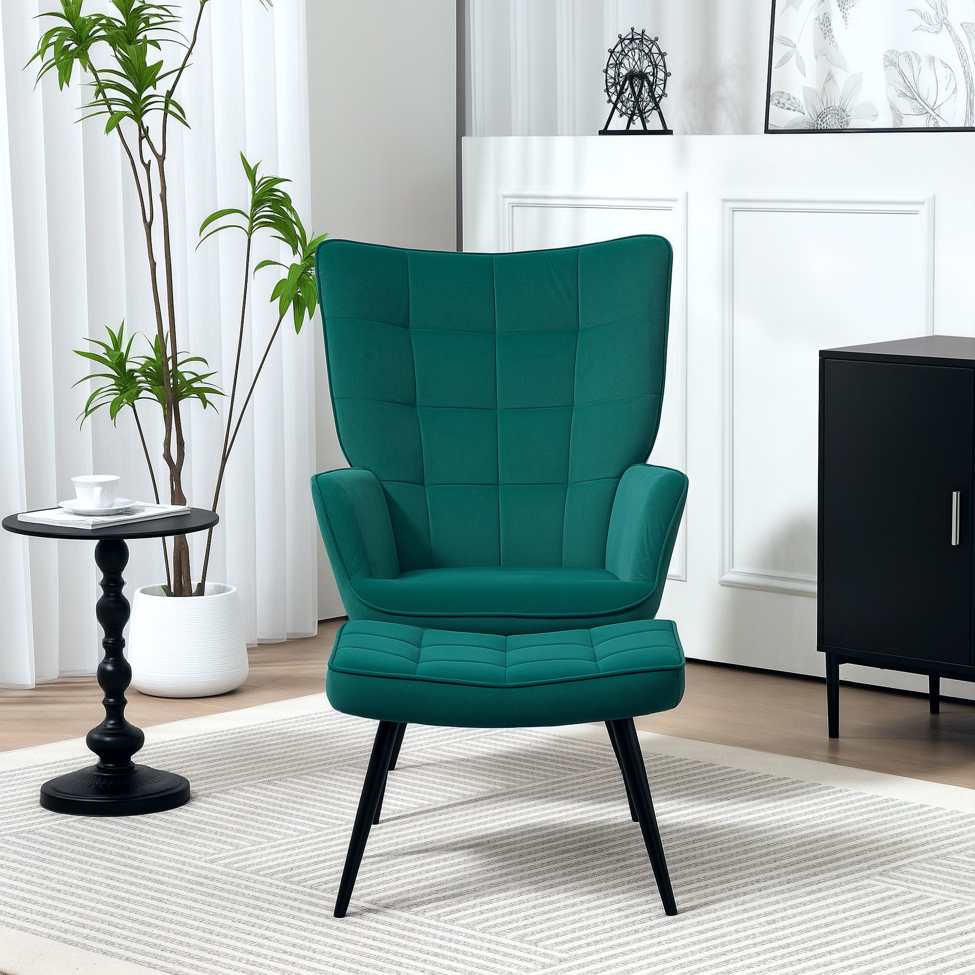 Fauteuil relax avec repose-pieds assorti style scandinave piètement métal noir revêtement aspect velours - Vert
