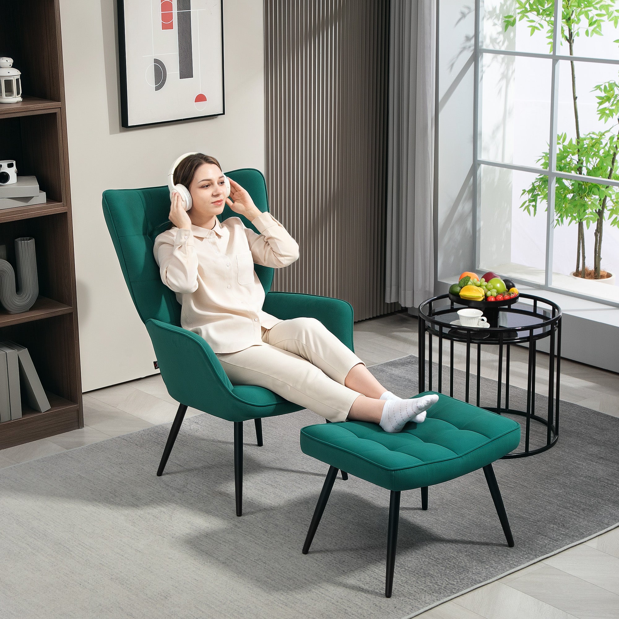 Fauteuil relax avec repose-pieds assorti style scandinave piètement métal noir revêtement aspect velours - Vert