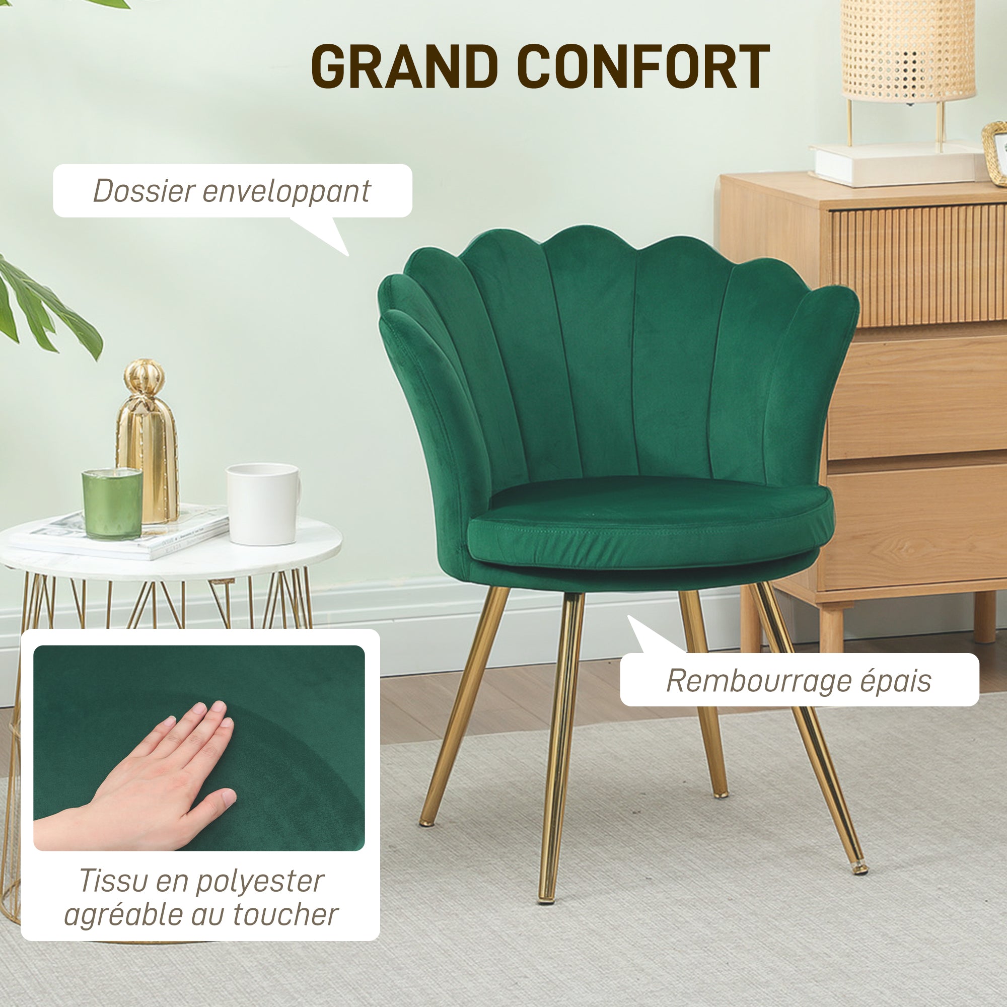 Fauteuil coquillage chaise coiffeuse fauteuil en velours fauteuil de salon avec pieds en métal doré pour salon chambre et salle à manger 67l x 64P x 77H cm vert