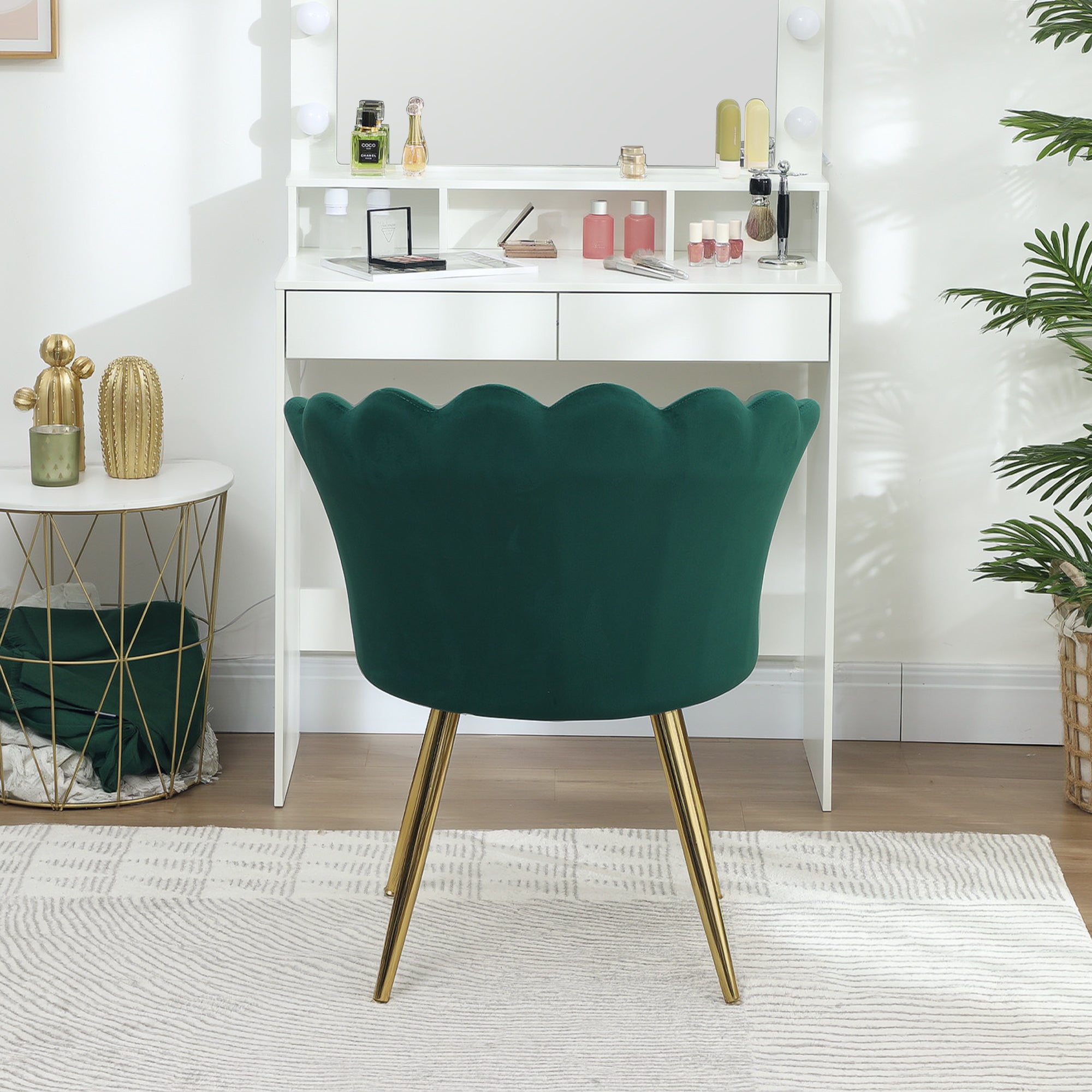 Fauteuil coquillage chaise coiffeuse fauteuil en velours fauteuil de salon avec pieds en métal doré pour salon chambre et salle à manger 67l x 64P x 77H cm vert