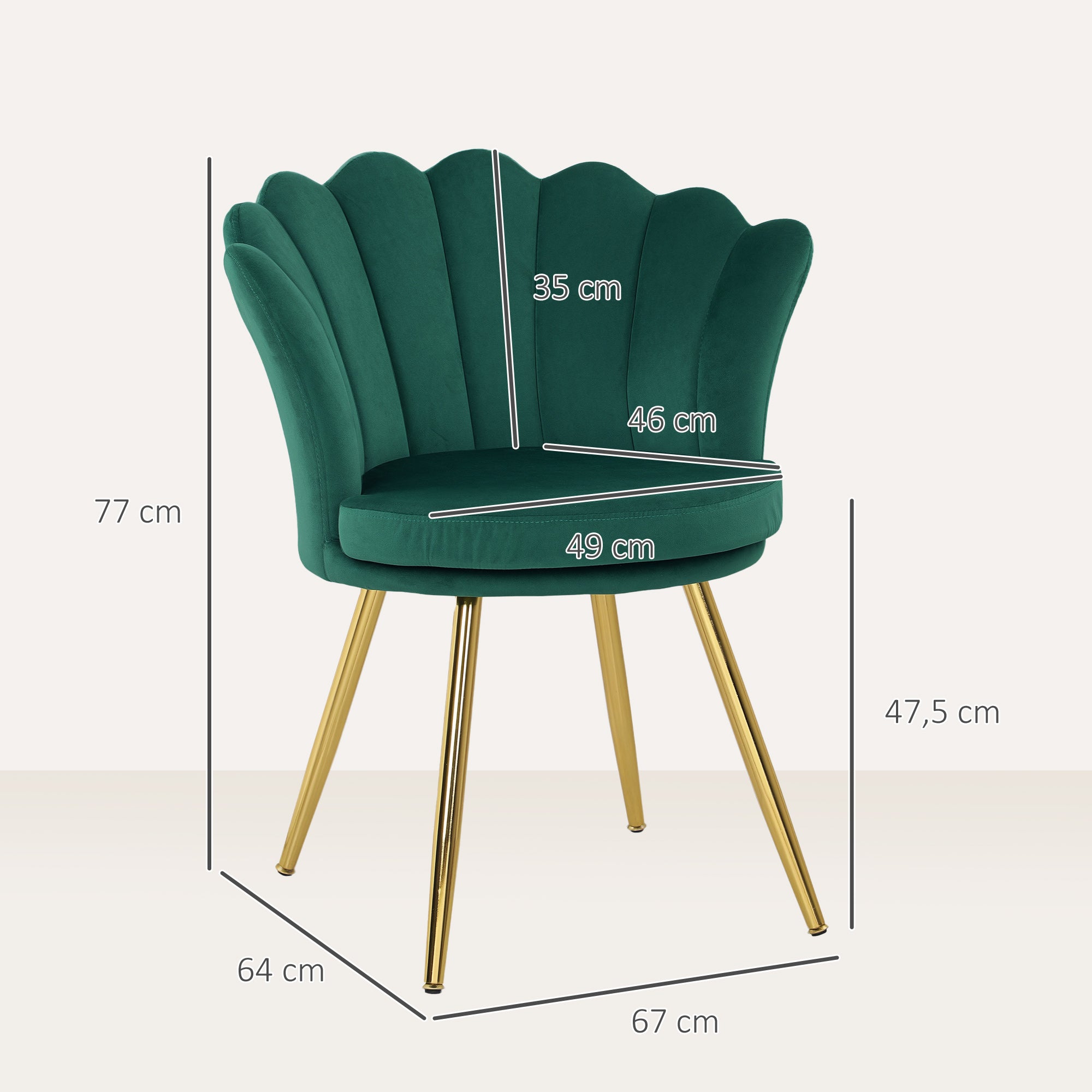 Fauteuil coquillage chaise coiffeuse fauteuil en velours fauteuil de salon avec pieds en métal doré pour salon chambre et salle à manger 67l x 64P x 77H cm vert