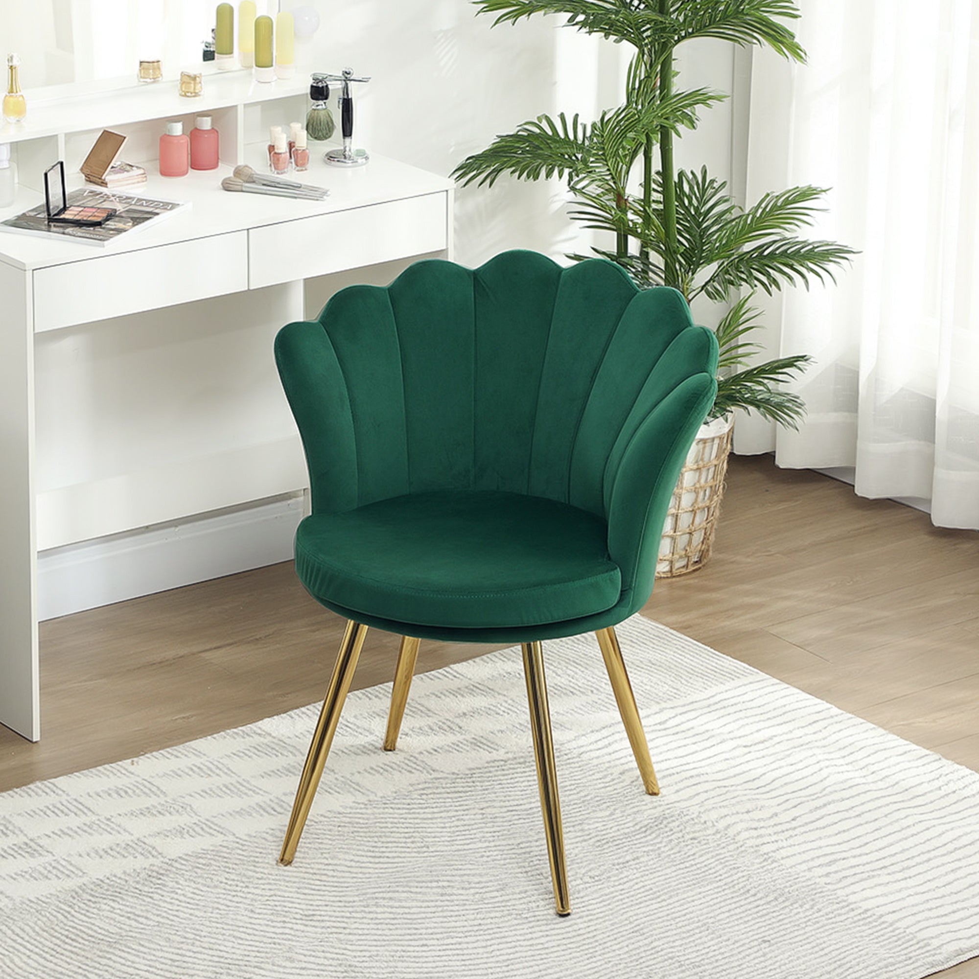 Fauteuil coquillage chaise coiffeuse fauteuil en velours fauteuil de salon avec pieds en métal doré pour salon chambre et salle à manger 67l x 64P x 77H cm vert